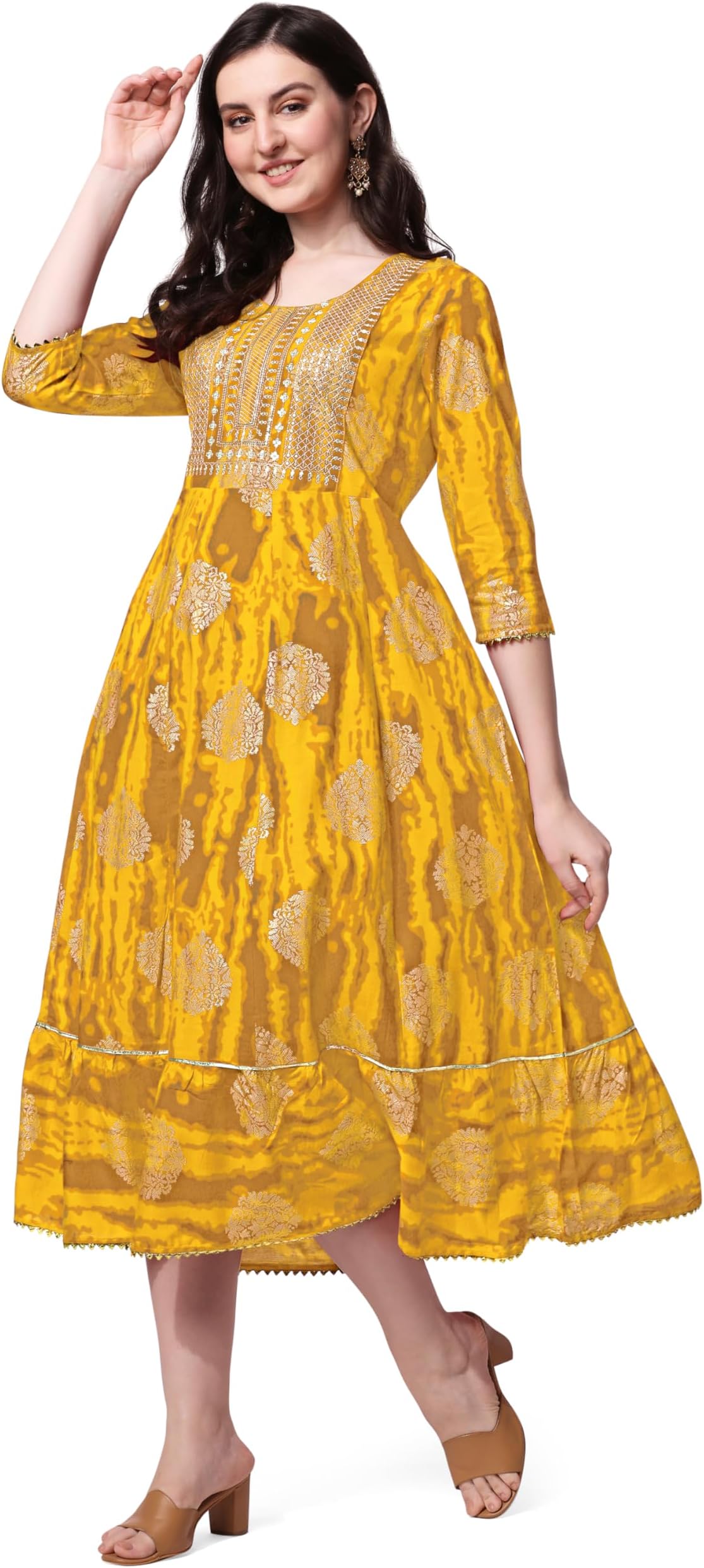 MIRCHI FASHION Women's Cotton Relaxed Fit A Line Sequins Embroidery Work Foil Printed A-Line Kurti Only