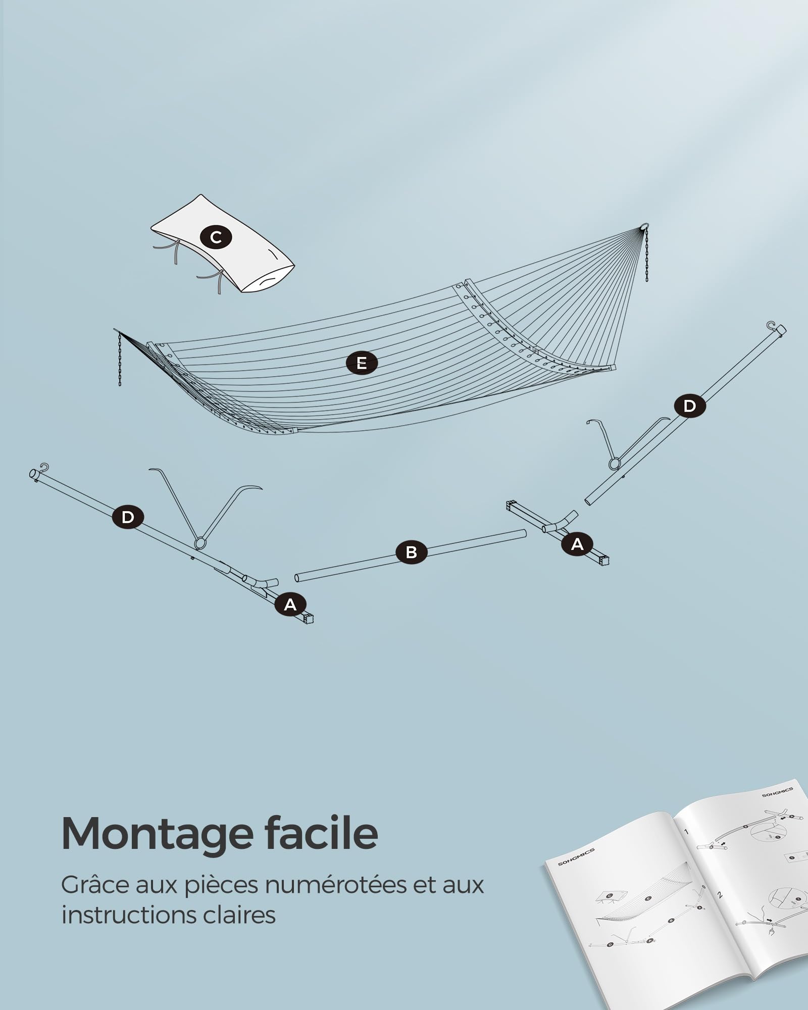 SONGMICS Hamac avec Support, Structure en Métal, Barre de Soutien Double, avec Coussin, Capacité de Charge Jusqu'à 200 kg, pour Jardin, Structure Noire et Hamac Bleu GHS002Q01