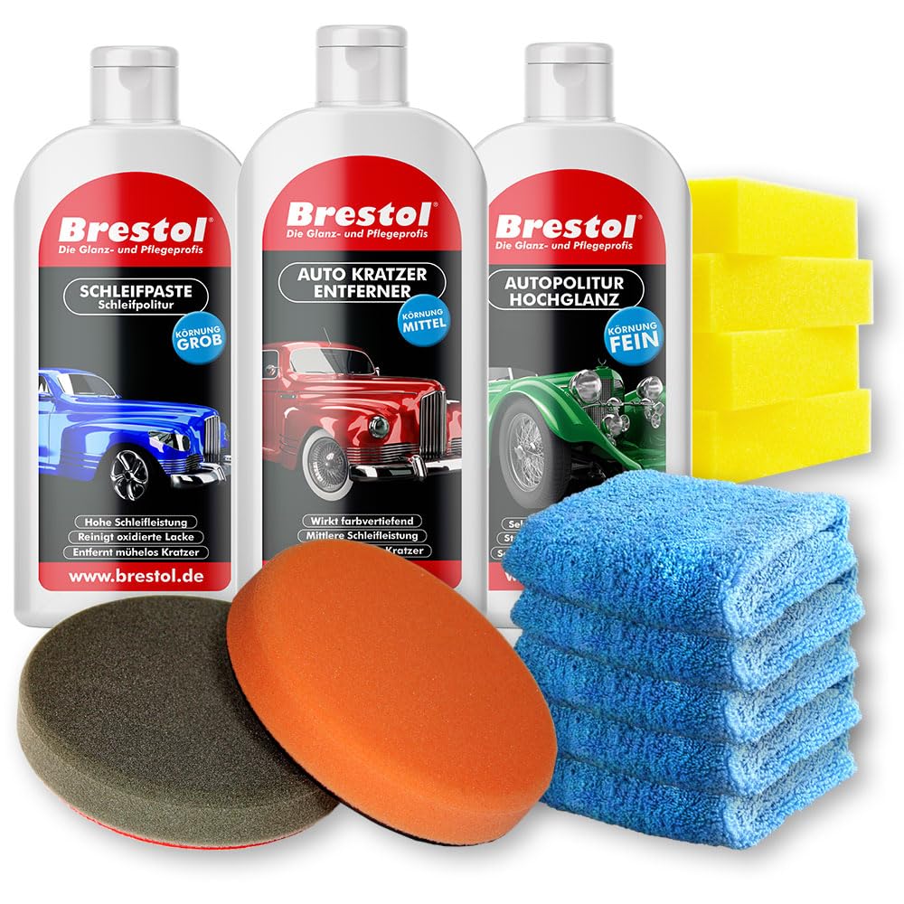 Brestol Autoabrillantador Set1, aplicación Mediante máquina – Pasta de abrillantado + Eliminador de arañazos y Limpiador de Barniz + Acabado