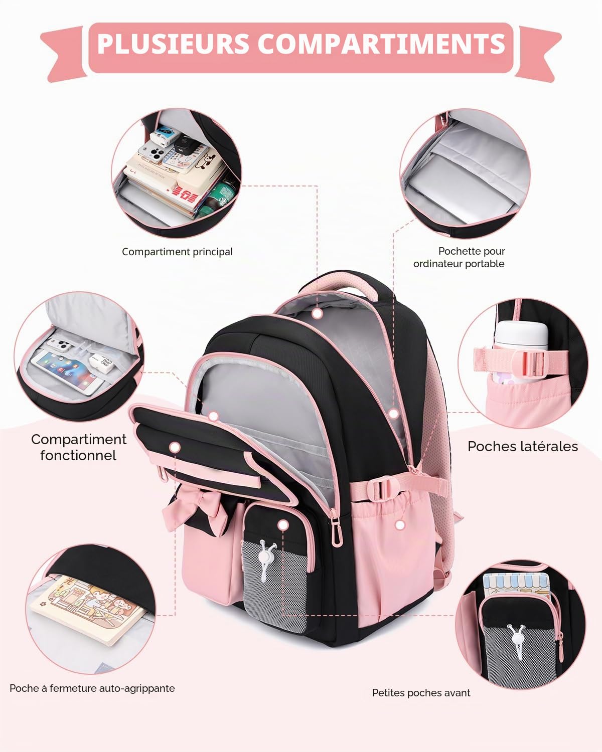 Amythe Cartable Fille Primaire et College, Sac Scolaire Filles Décontracté