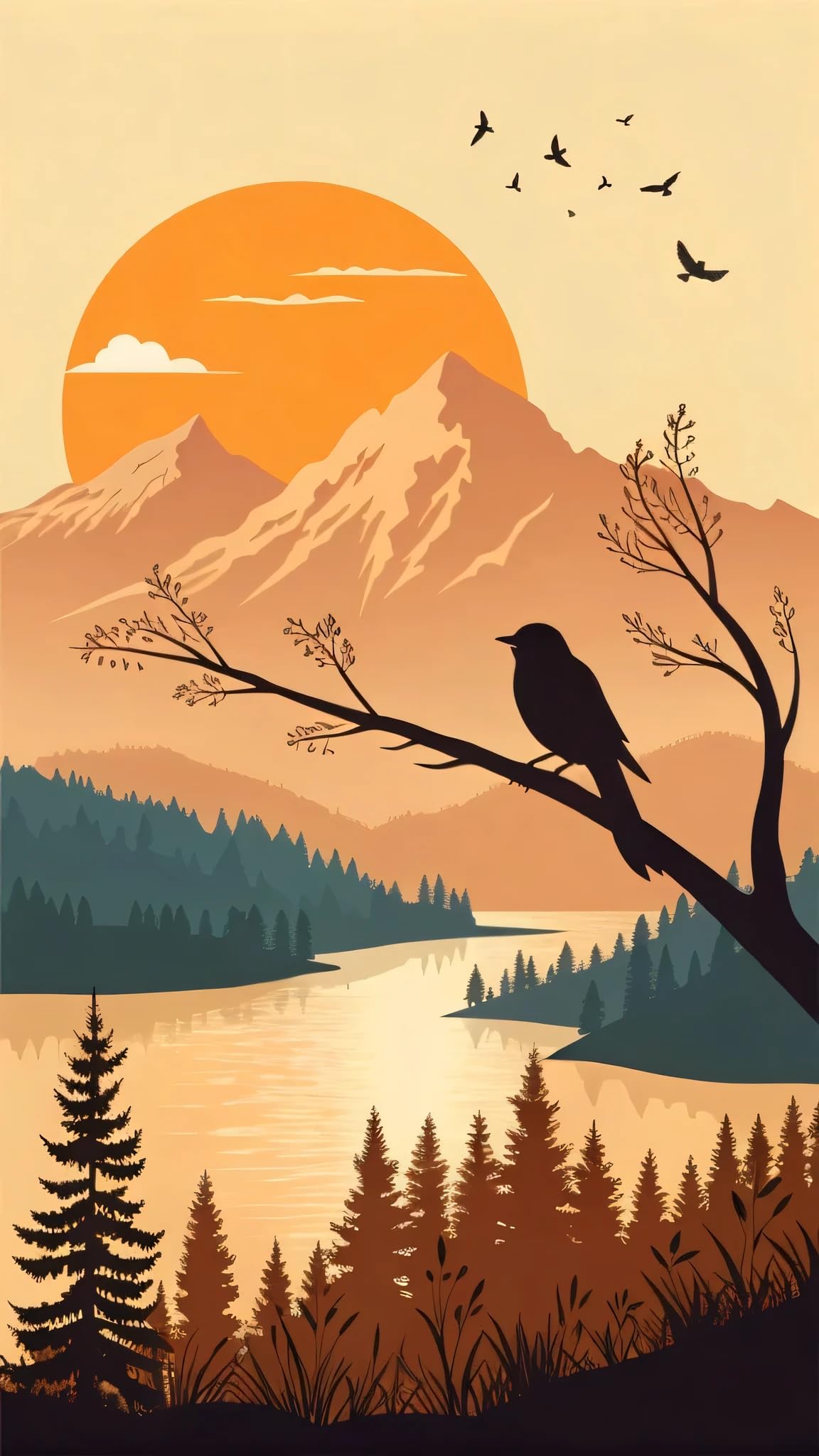 ARTGOTO Paint by Numbers for Adults, Mountain Sunset Landscape DIY Acrylic Painting Kit, Large 15.7x27.5inch/40x70cm Canvas, Bird Lake Nature Wall Decor, No Frame
