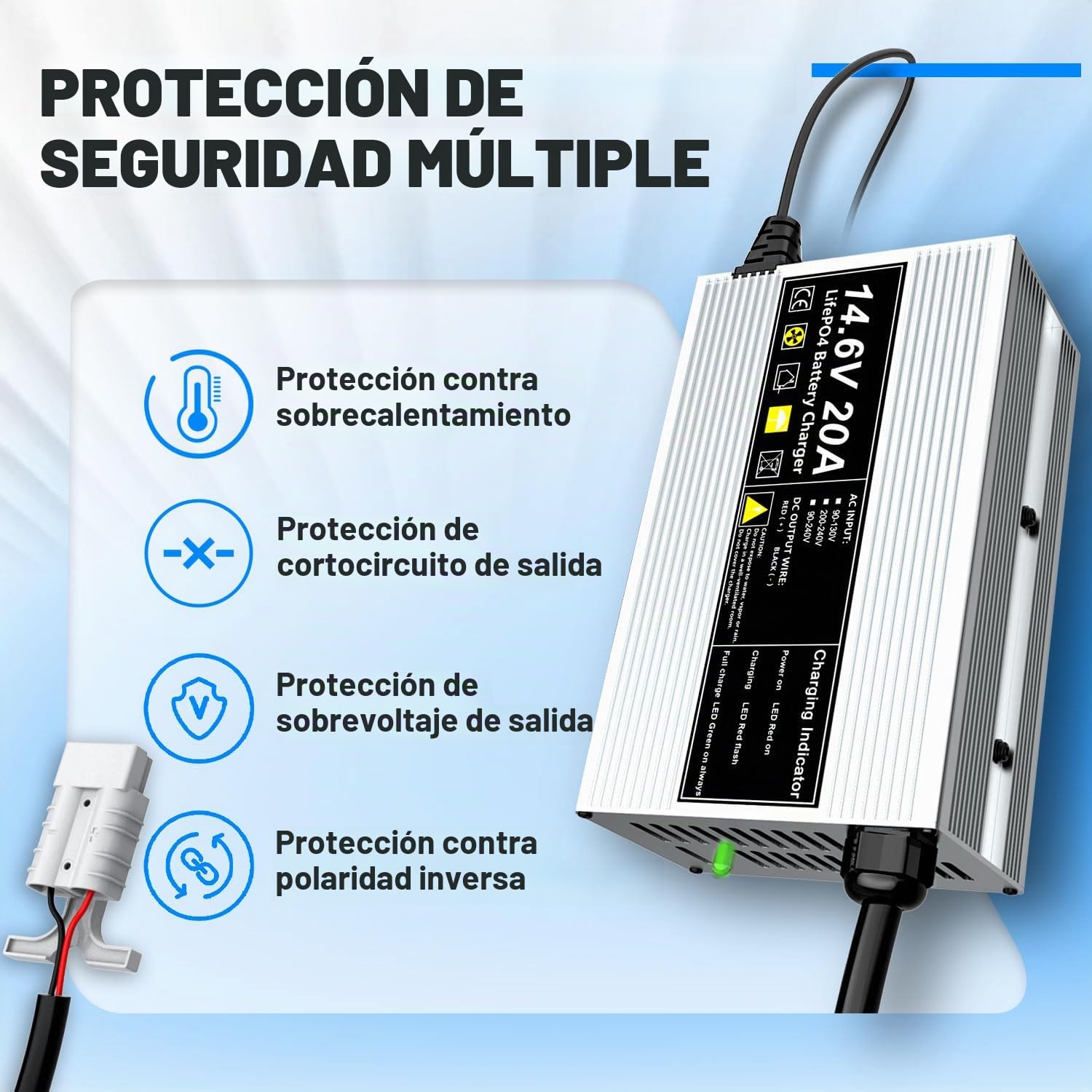 14,6V 20A Cargador de batería LiFePO4 para baterías Recargables de Ciclo Profundo de fosfato de Hierro y Litio de 12V (12,8V)
