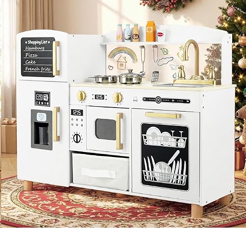 INFANS Juego de cocina para niños, juego de juguetes de cocina de madera para niños pequeños con tabla de dibujo acrílica, máquina de hielo,