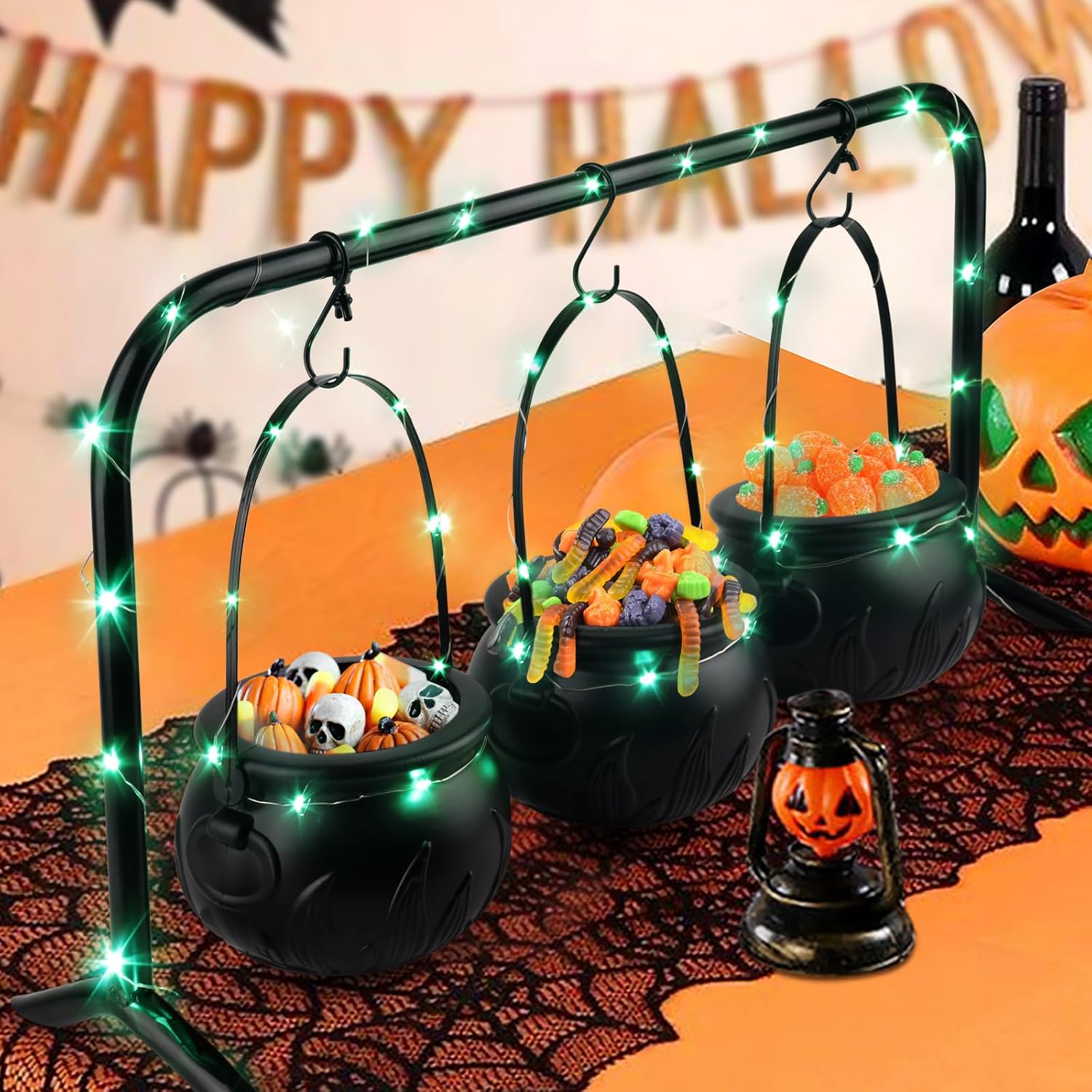 Halloween Decor Set of 3 Witches Cauldron Serving Bowls On Rack Black Plastic Candy