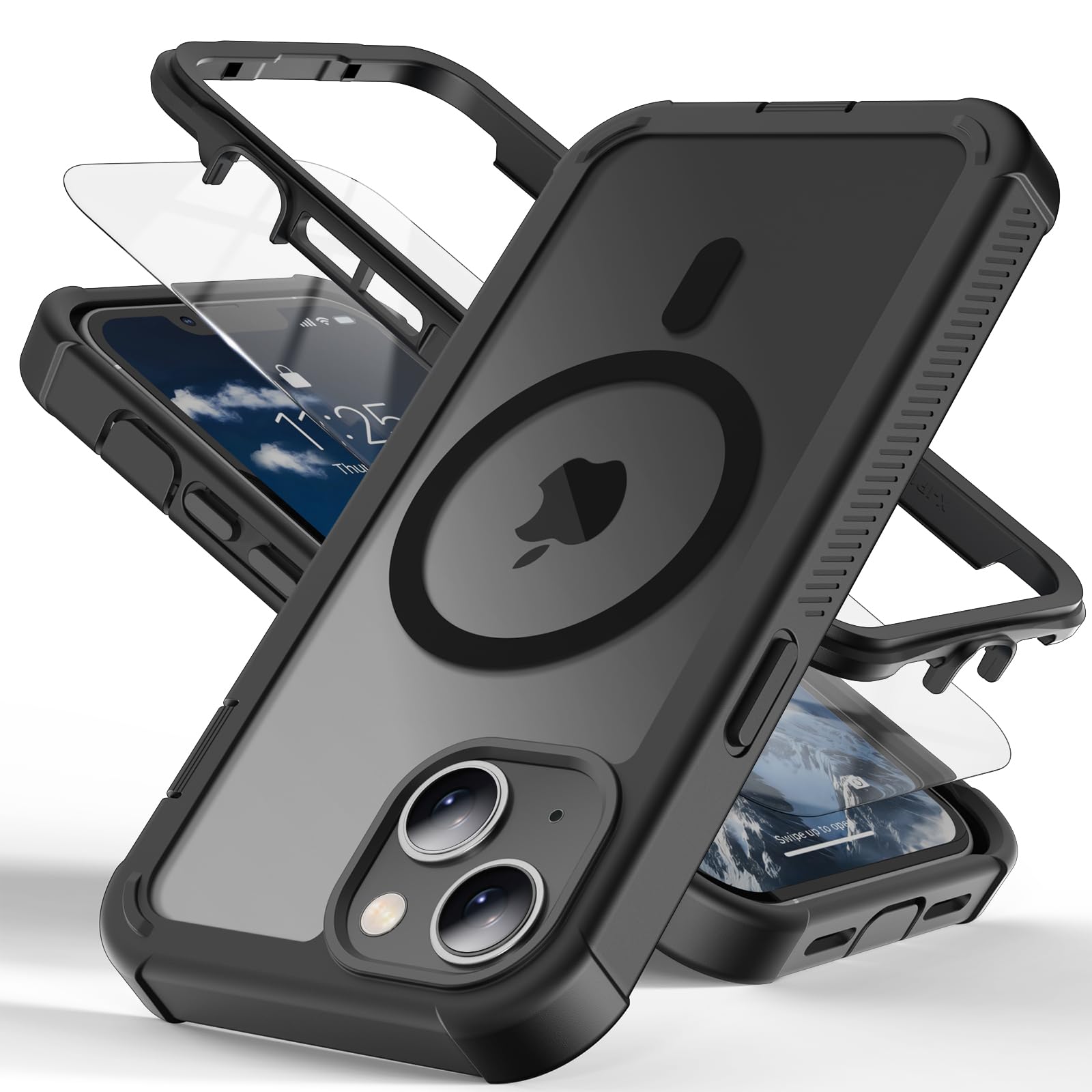 Magnetic Case for iPhone 13/14/15 with Screen Protector, [Shockproof][Compatible with MagSafe][Heavy Duty Protection][Military Grade Drop Protection] 2-Layer Durable Bumper Phone Case 6.1''-Black