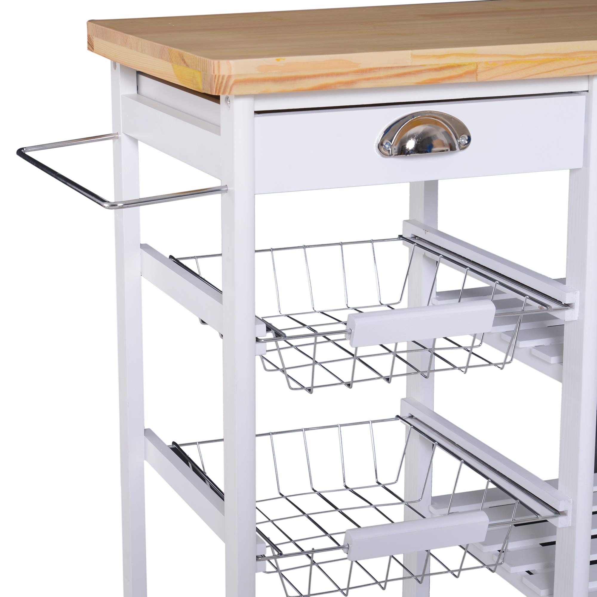 Chariot de service desserte de cuisine à roulettes multi-rangements 74L x 37l x 76H cm plateau bois massif pin châssis MDF blanc
