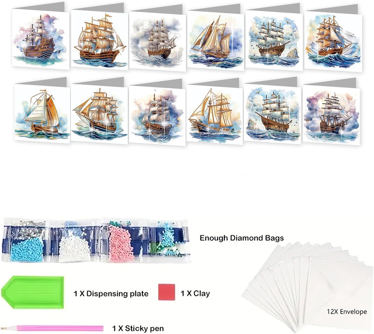 12pcs DIY Diamond Art Greeting Cards Kit with Envelopes & Tools - Create Your Own Sparkling Birthday, Thank You, Holiday Cards for Adults & Beginners(Sea Sailing Boat)