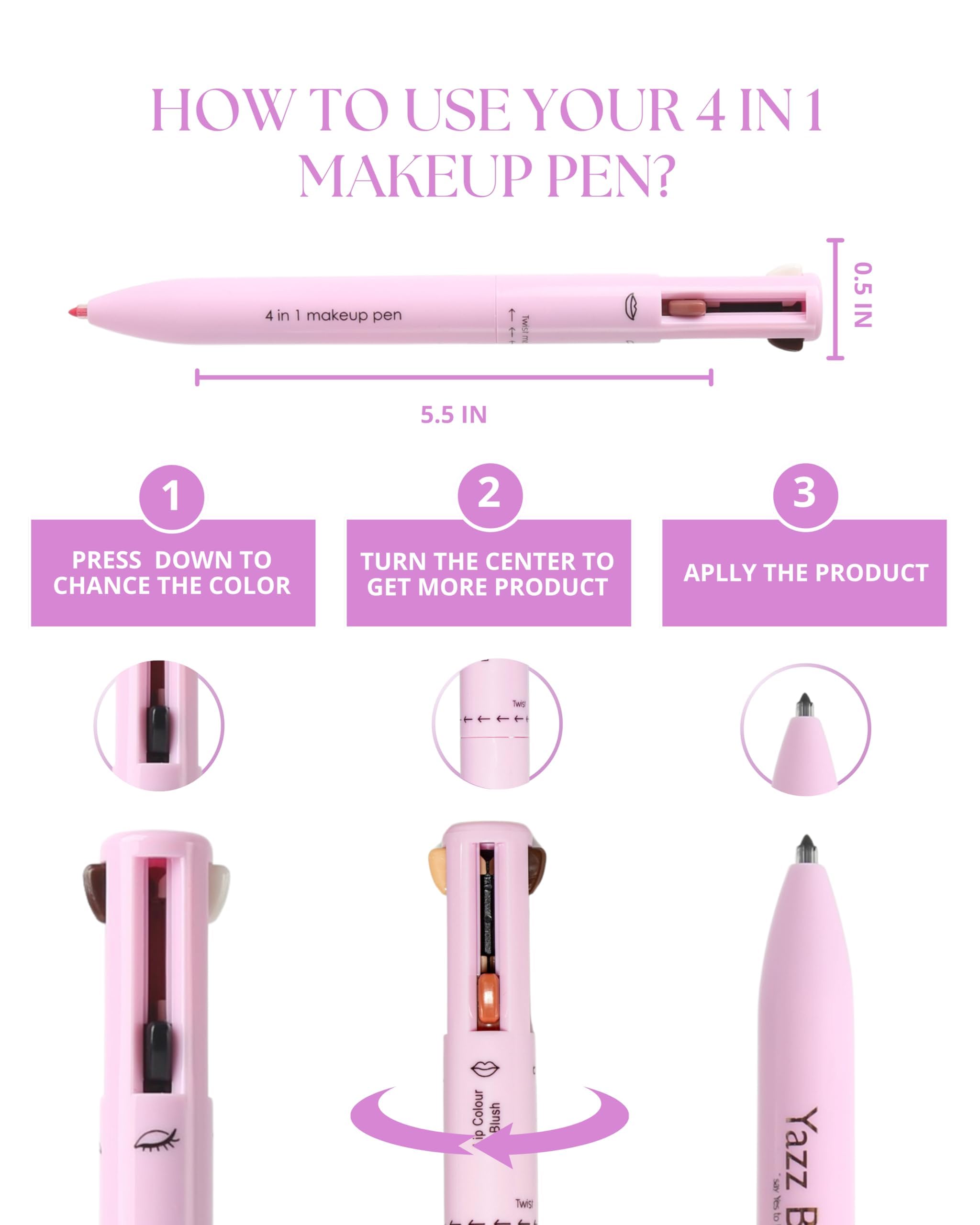 Lápiz de retoque de maquillaje 4 en 1 con delineador de labios rosa intenso, delineador de ojos negro, lápiz de cejas marrón oscuro e iluminador blanco brillante, bolígrafo de belleza 5