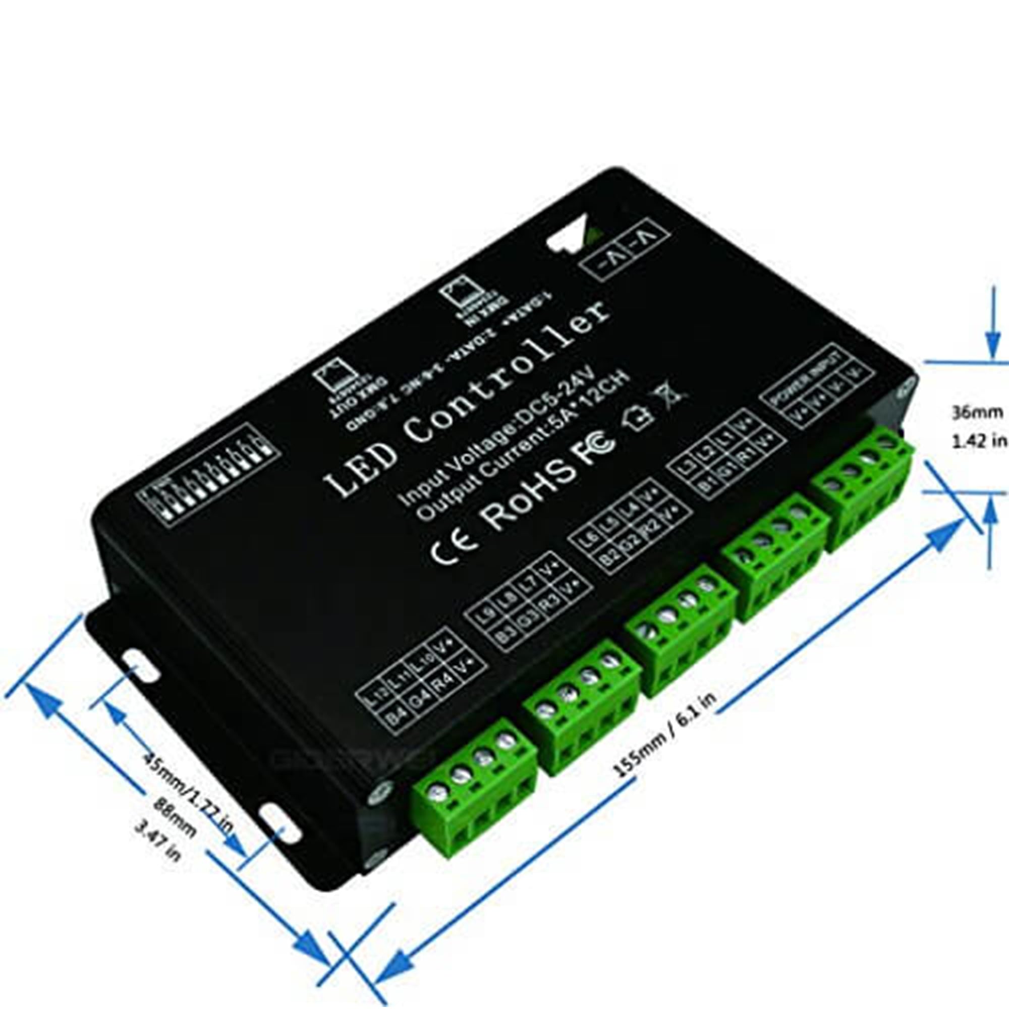 12 Kanal DMX Decoder,DMX512 Decoder RGB LED Controller 60A PWM DMX512 Dimmertreiber für RGB LED Streifen,RGB LED Strips und LED Modullicht DC12V-24V