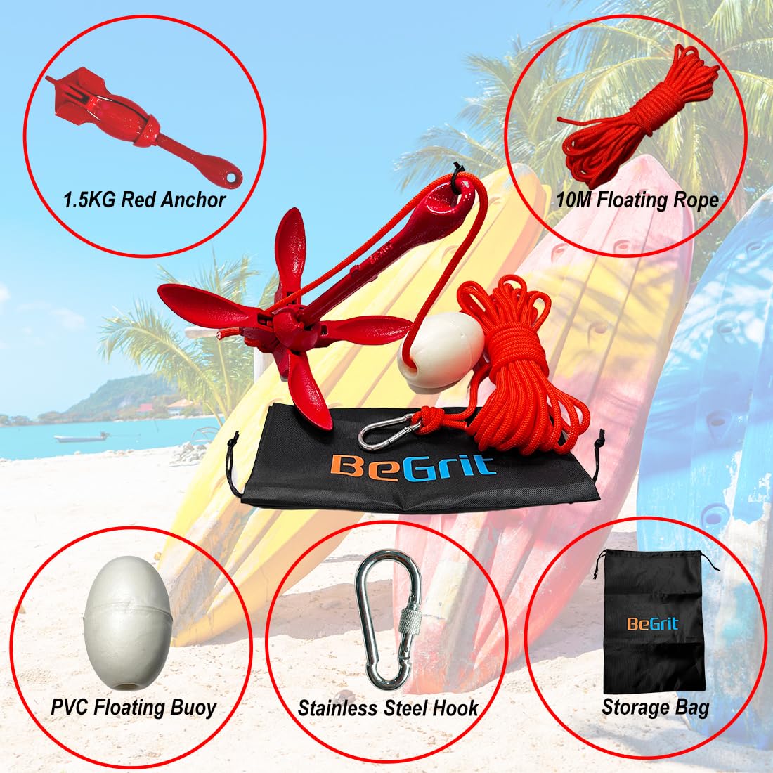 BeGrit Ancora Barca Pieghevole 1.5kg/3.3lb Kit di Ancora Kayak Gommone per SUP Canoe Ancoraggio Ombrello Acciaio Carbonio con Cima Ormeggio Corda Arancione Galleggiante da 10m e Borsa di Stoccaggio