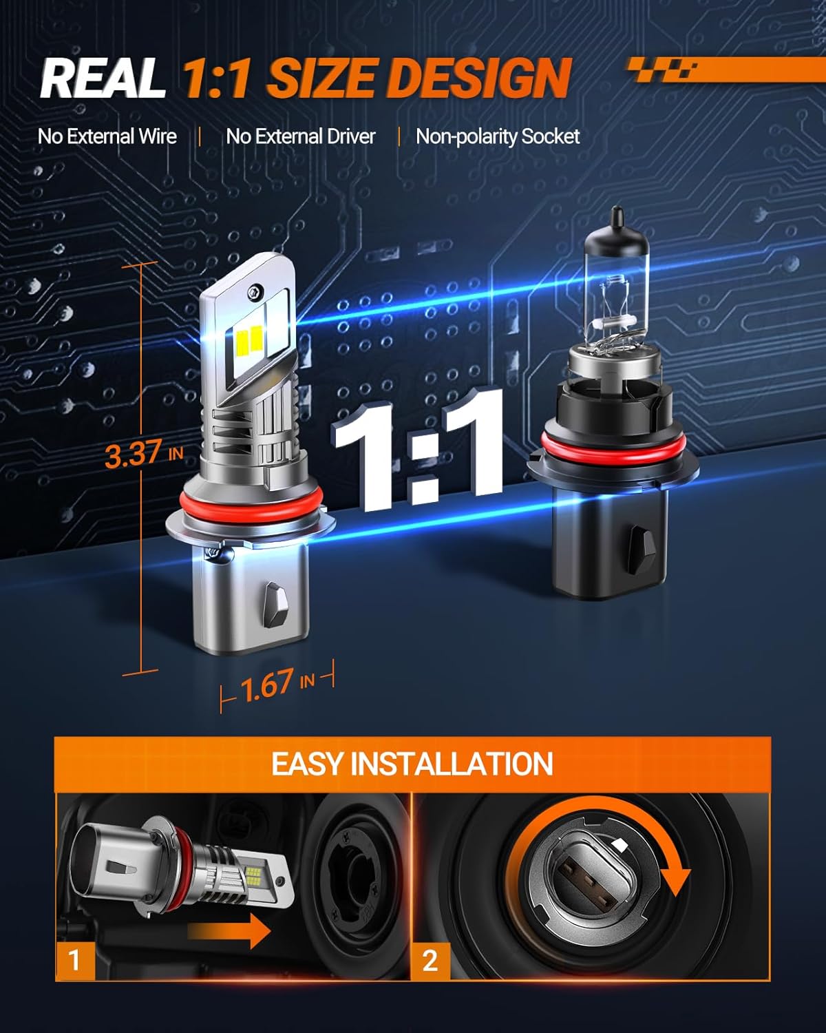 SEALIGHT 𝟗𝟎𝟎𝟕 HB5 Bulbs, 40000LM 9007 Fog Bulbs 6500K Cool White, 1:1 Mini Size, Powersports Accessory Lights or ATV Light with Cooling Fan, 3 Mins Plug-N-Play, Pack of 2