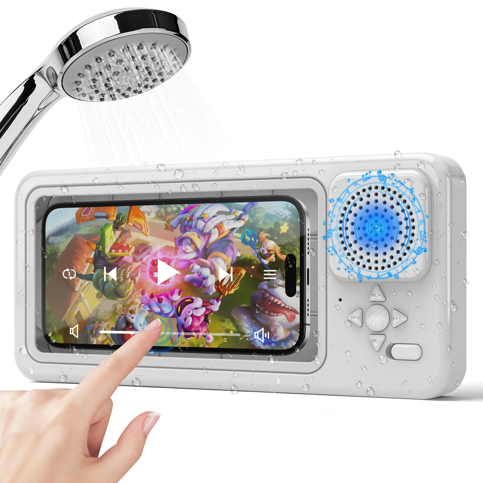 Altoparlante con supporto per telefono da doccia, impermeabile (bianco)