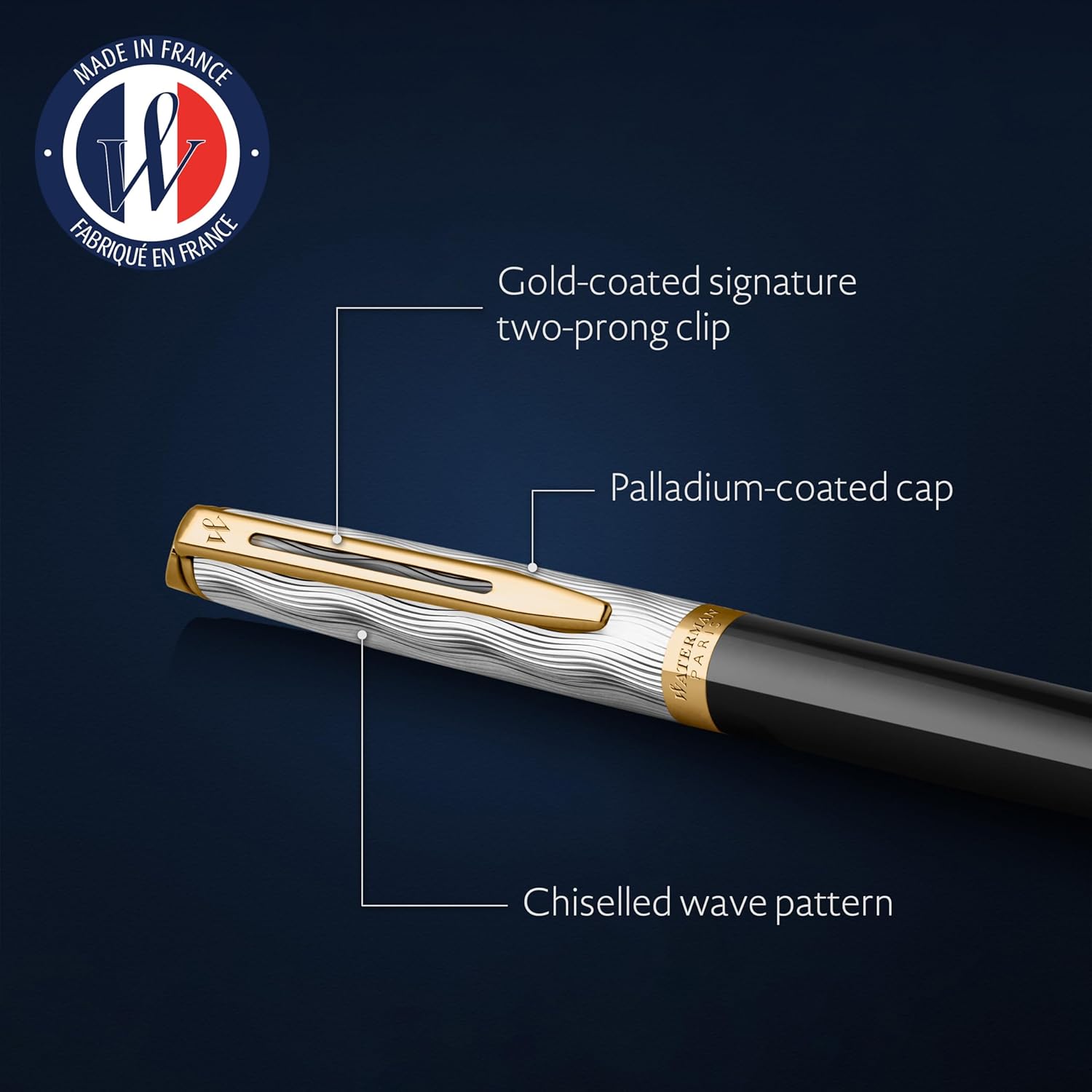 Waterman Hémisphère Ballpoint pen | Metal & Black Lacquer with Gold trim & Chiselled cap | Medium tip | Blue Ink | Gift Box