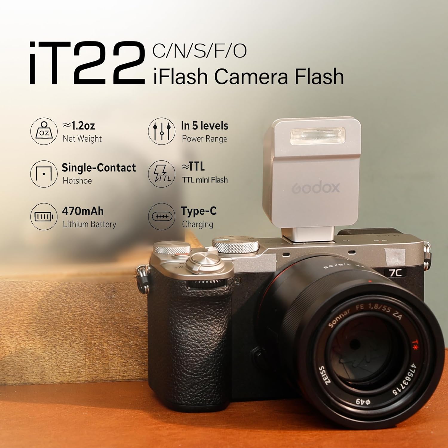 GODOX IT22 TTL MINI iFlash Camera Flash Light,700+ Flashes & 1.5 s Recycling,6 Stops (1/32 to 1/1 Power),Built in Battery with Magnetic Diffuser & Filter (Sliver, for Fuji)