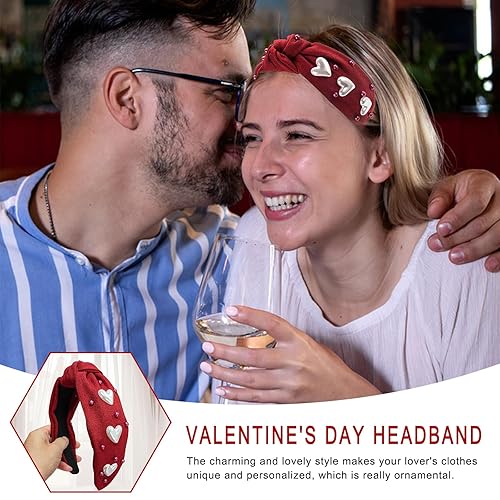 Miniatura 7 de Totelux Diadema de corazón de San Valentín, banda para el cabello anudada roja, cuentas de perlas de amor, antideslizantes, nudo superior,