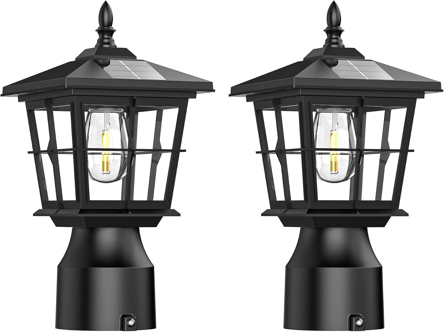 APONUO Solar Lamp Post Light with Edison Bulb, 3-Color Temperature, Dusk to Dawn Lamp Post Light, ABS Waterproof, 3" Round Post/Pole Light(Flat Base not Included), Black, 2 Pack