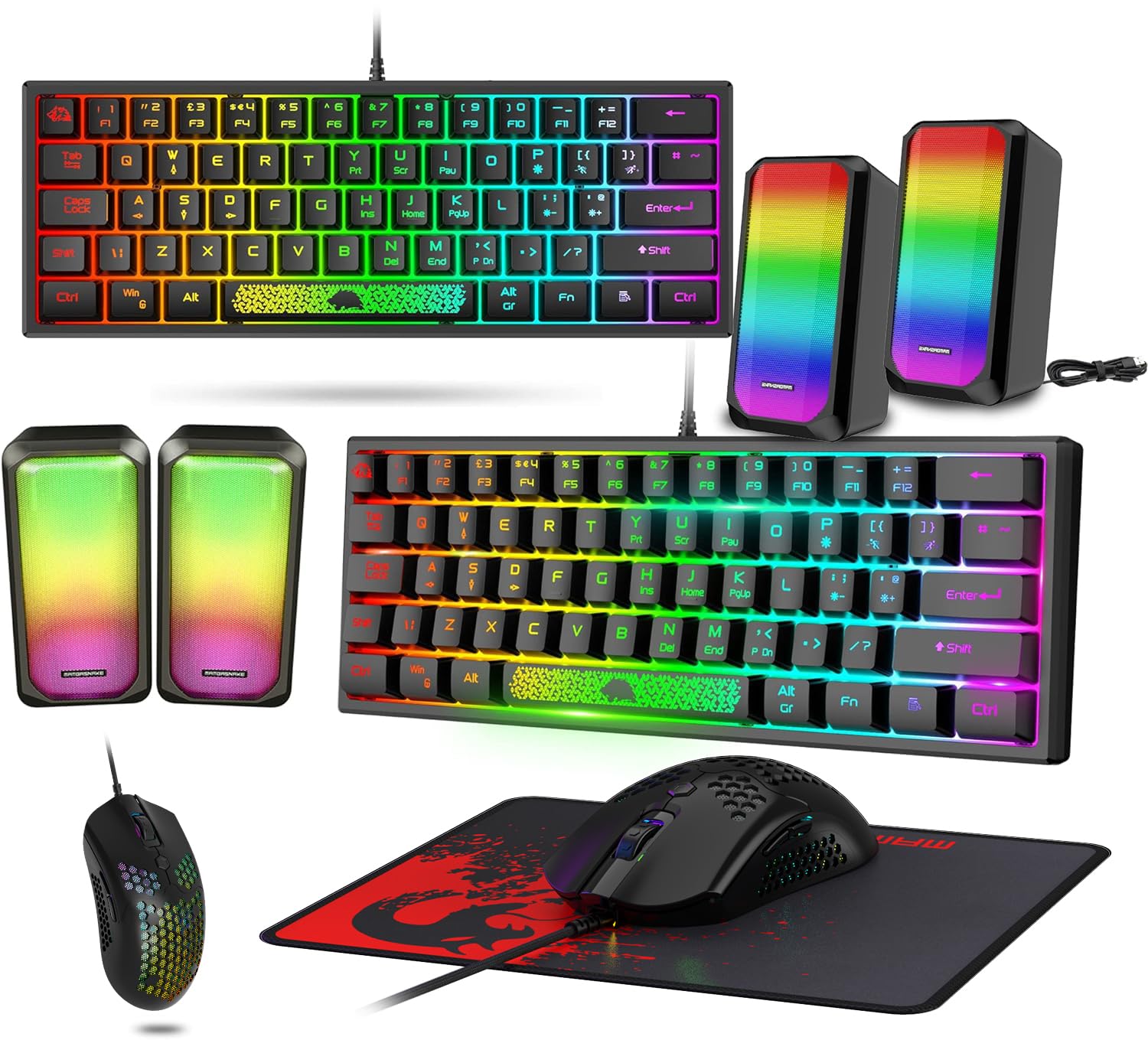 LexonElec Keyboard Mouse Set Champing Accessories PC Pack Combo - 60 Percent Ultra Compact Light up Mini Keyboard [UK Layout] and Mouse up to 6400 DPI Gaming Bass Speaker Breathable Mouse Pad