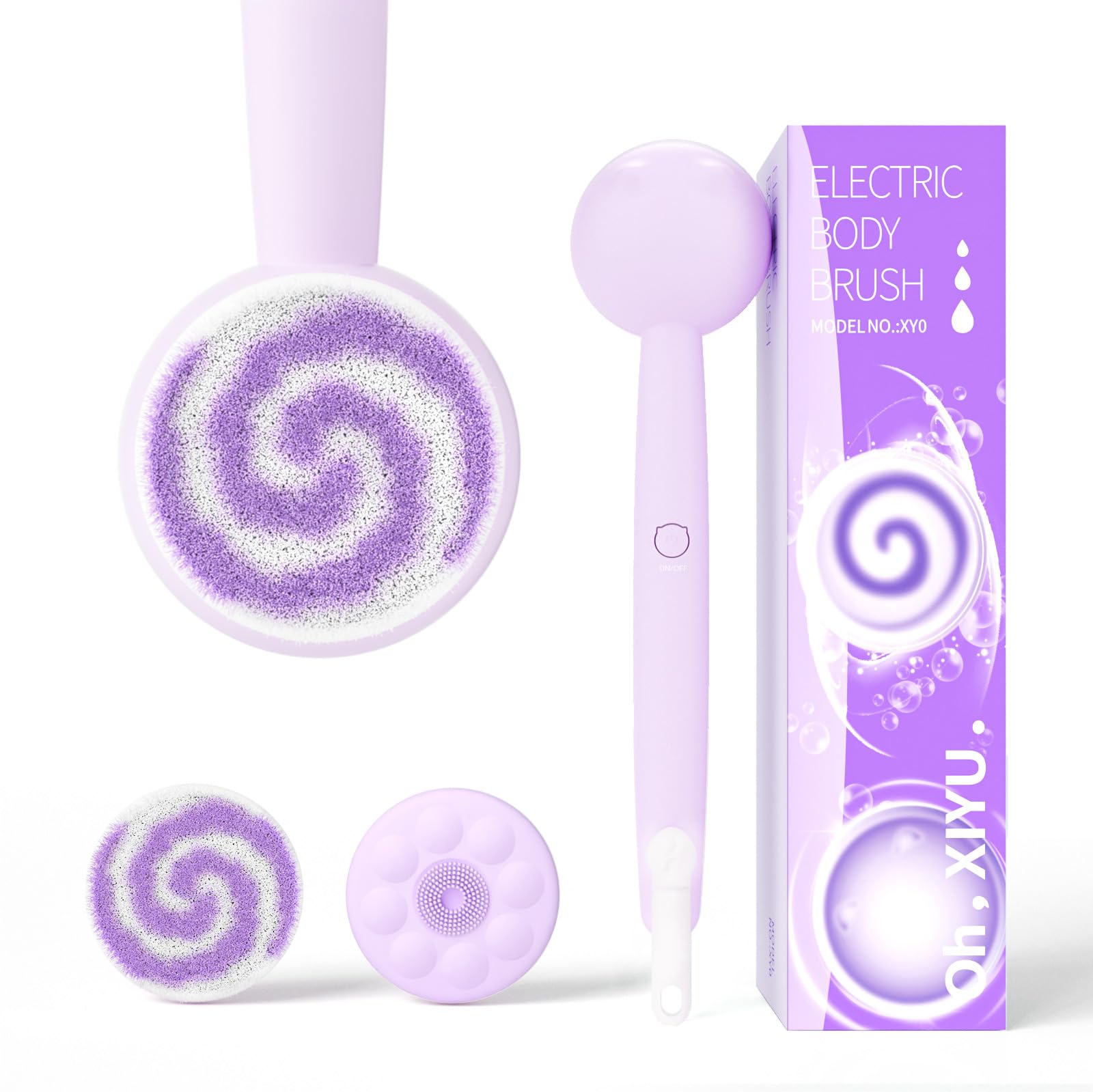 Oh,XIYU. Electric Back Scrubber for Shower Body Brush, Waterproof Shower Body Scrubber for Cleansing, Massaging, Rechargeable Bath Brush for Kids & Adults with 2 Heads & 3 Speed Modes, Taro Purple XY0