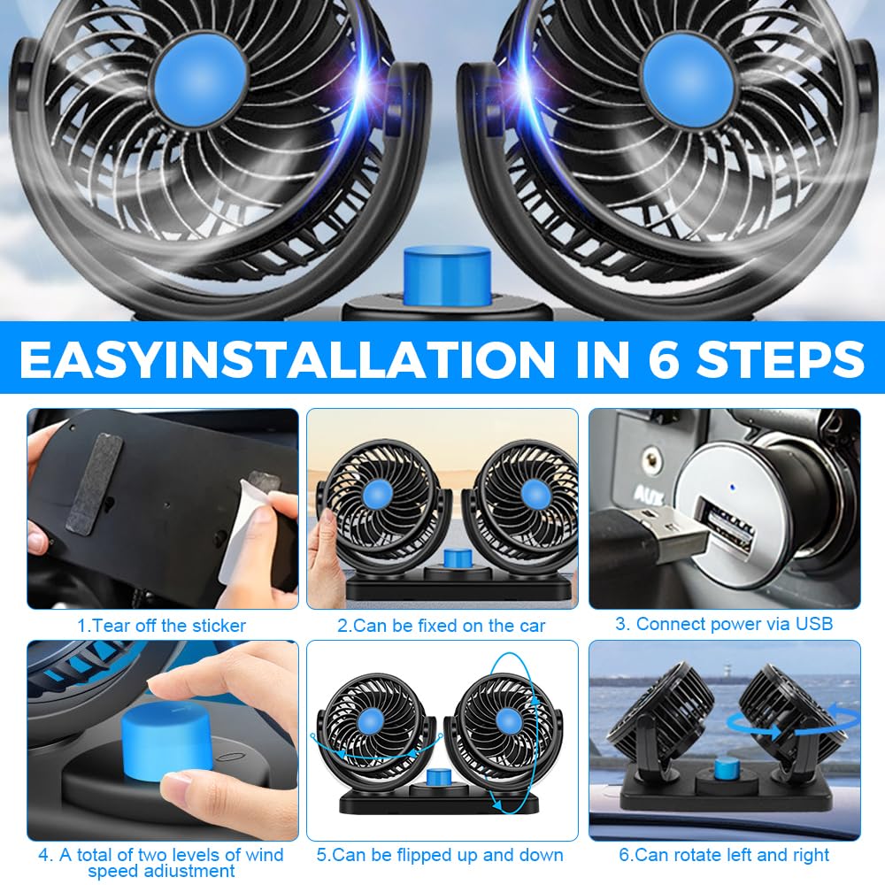 Ventilateur De Voiture, Double Tête USB Ventilateu Portable 360 Degrés Rotatif, Double Tête Ventilateur Avec 2 Niveaux De Vitesse Changer, Ventilateur Voiture Pour Camping-Car, SUV