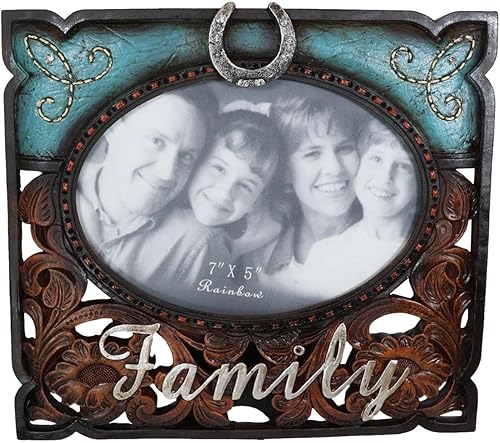 Ebros Gift Rustic Western Family - Marco de fotos de piel sintética turquesa y resina de madera tallada, 7 x 5 pulgadas, con caballete trasero,