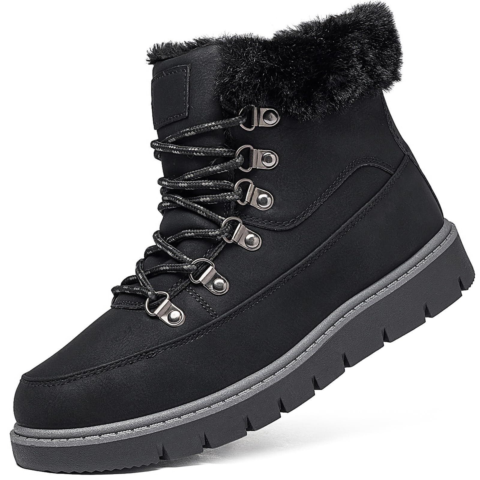 XRH Womens Winter Warm Boots Black Snow Combat Boots With Zipper Comfortable Fur Lined Women Ankle Boots Non