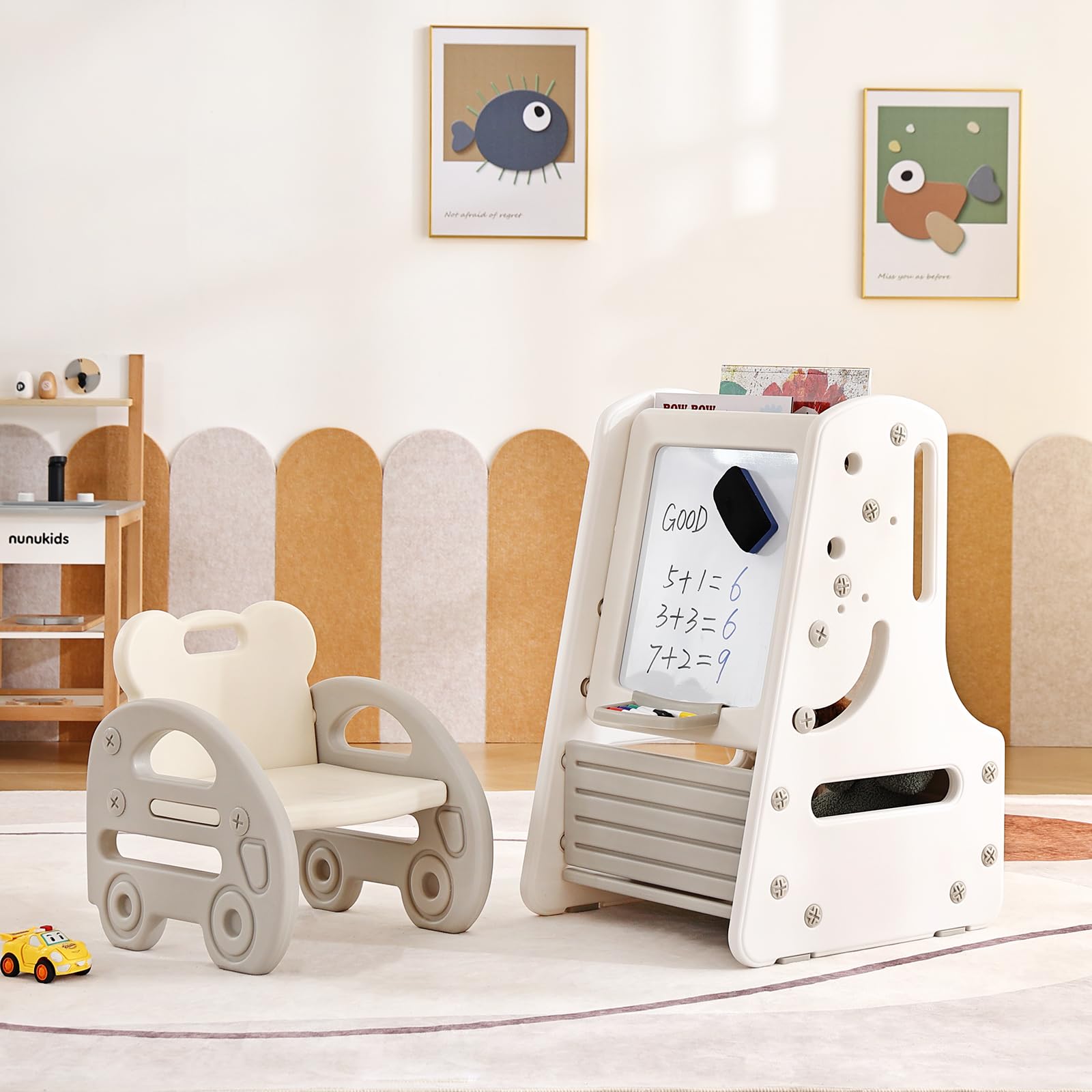 Juego de mesa y silla para niños, caballete de arte convertible 3 en 1 y estantería de exhibición con tablero de pintura magnético, estante de almacenamiento inferior, caballete de pie con 9
