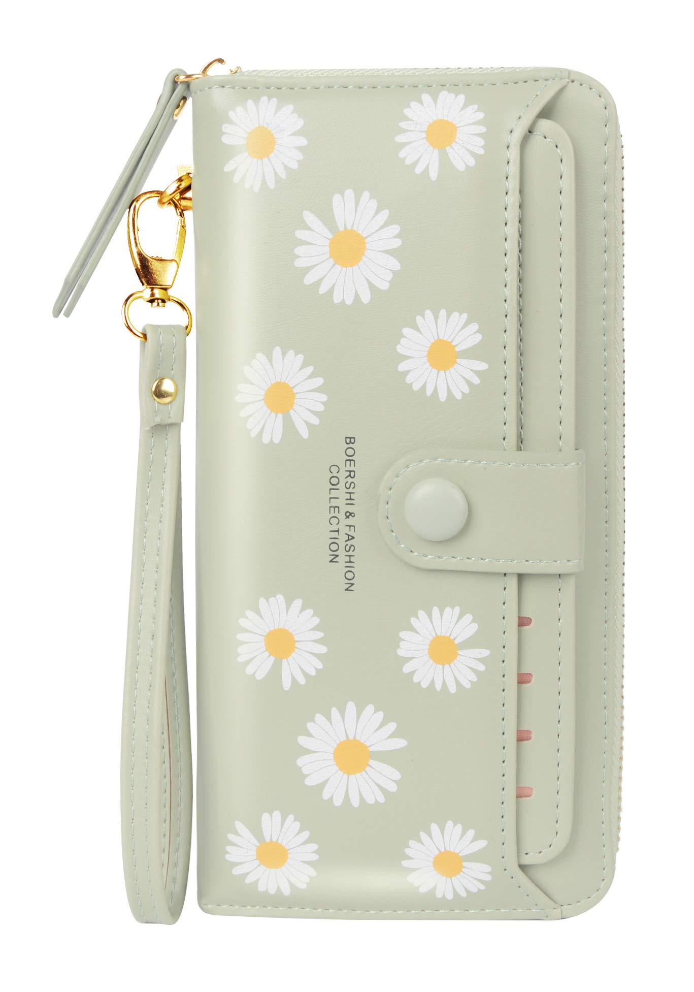 EcohasoLadies Purse, Large Women Wallets Cute Daisy Pattern, 13 Card Slots Holder with Strap, RFID Blocking Zipper Wallet Purse for Girls & Ladies (Green)