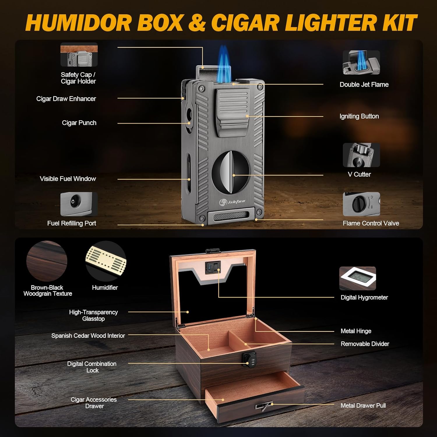 LIHTUN Cigar Humidor and Cigar Lighter Kit, Cedar Wood Cigar Case with Digital Hygrometer and Combo Lock, Multi-Function All-in-1 Butane Lighter and Humidor Box, Cigar Gift for Men, Can Hold 50 Cigars