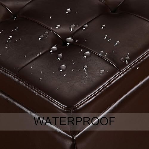 Miniatura 4 de Homebeez Taburete otomano de almacenamiento de piel sintética copetudo, cuadrado con tapa abatible (marrón) Marrón,Negro y ruedas,Negro