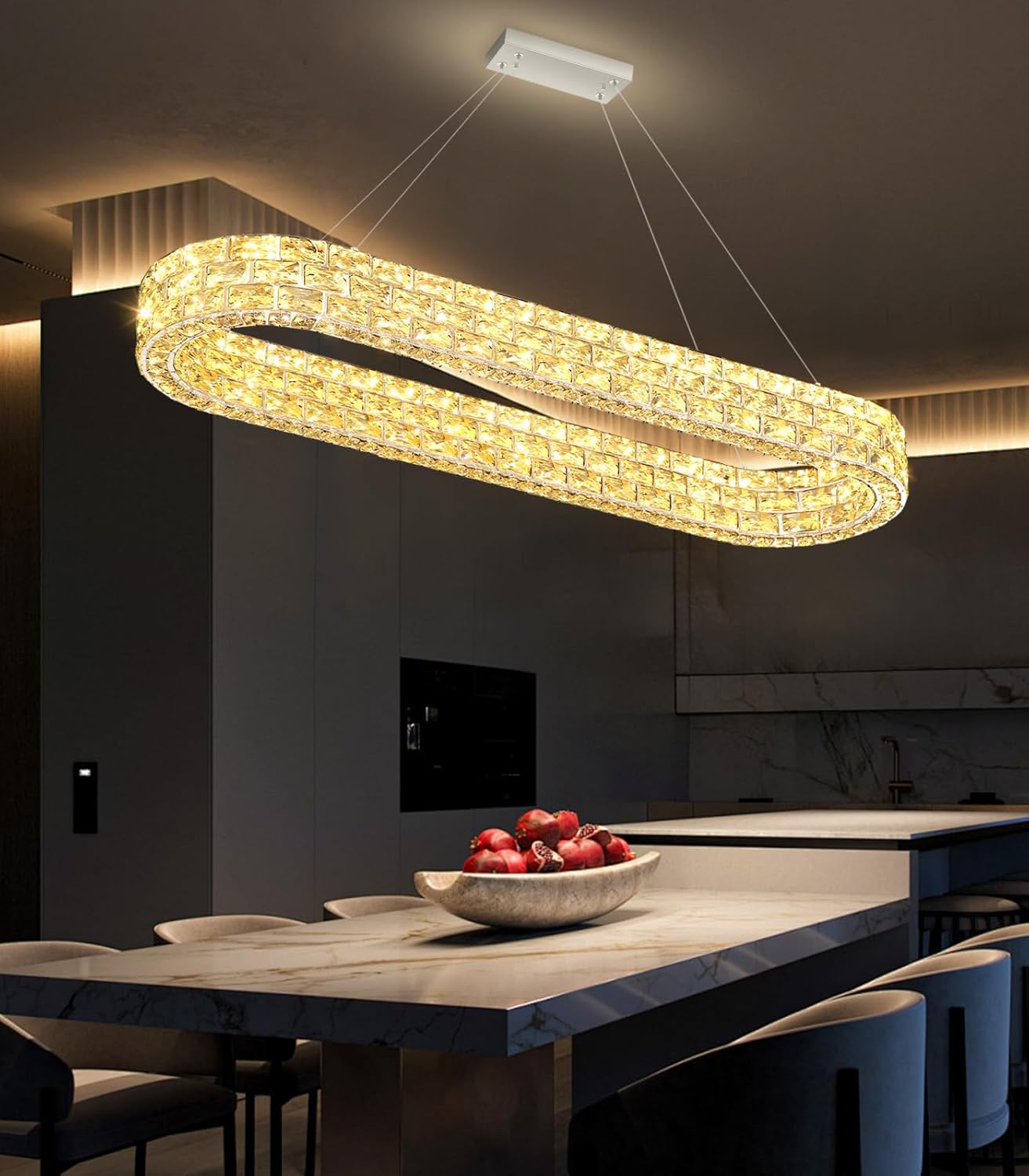 40'' Oval Crystal Chandelier Modern Chandeliers LED Dimmable Ceiling Fixtures Contemporary Luxury Pendant for Dining Room Bedroom Living Room Silver