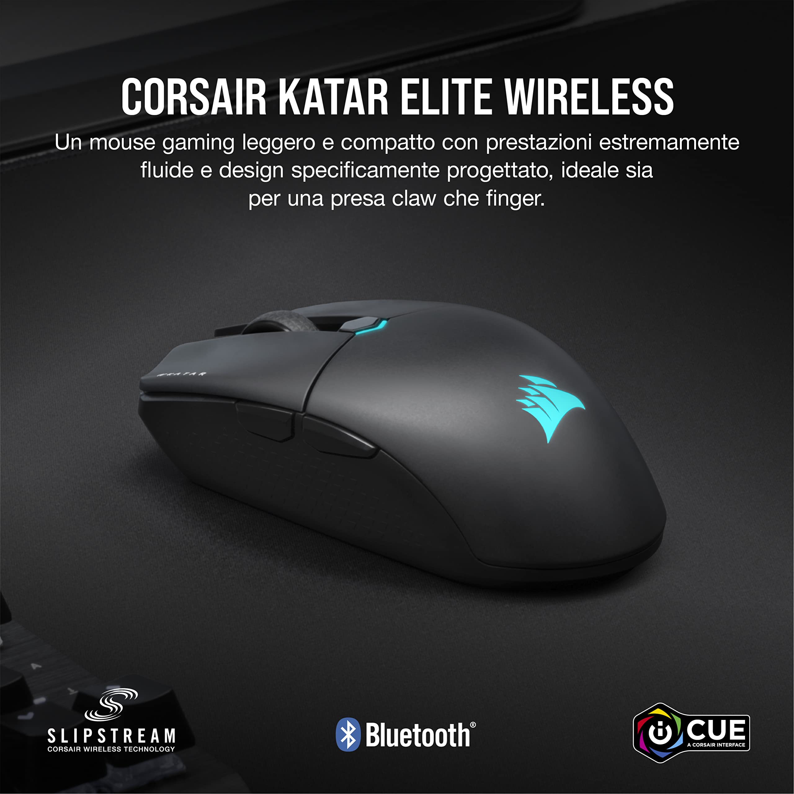 CORSAIR KATAR ELITE WIRELESS Mouse da Gioco FPS Ultraleggero - 10.000 DPI - Forma Simmetrica Compatta - Fino a 110 Ore di Batteria - Compatibile con iCUE - PC, PS5, PS4, Xbox - Nero