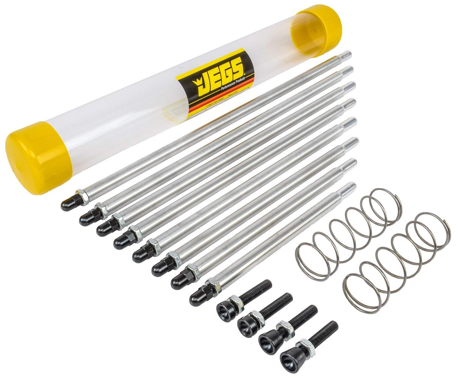 JEGS Master Pushrod Length Checker Kit | Measuring Range From 7” to 14.75” | Made In USA | Includes 8 Adjustable Pushrods, 4 Cup Tips, 2 Valve Checking Springs, And Storage Cylinder