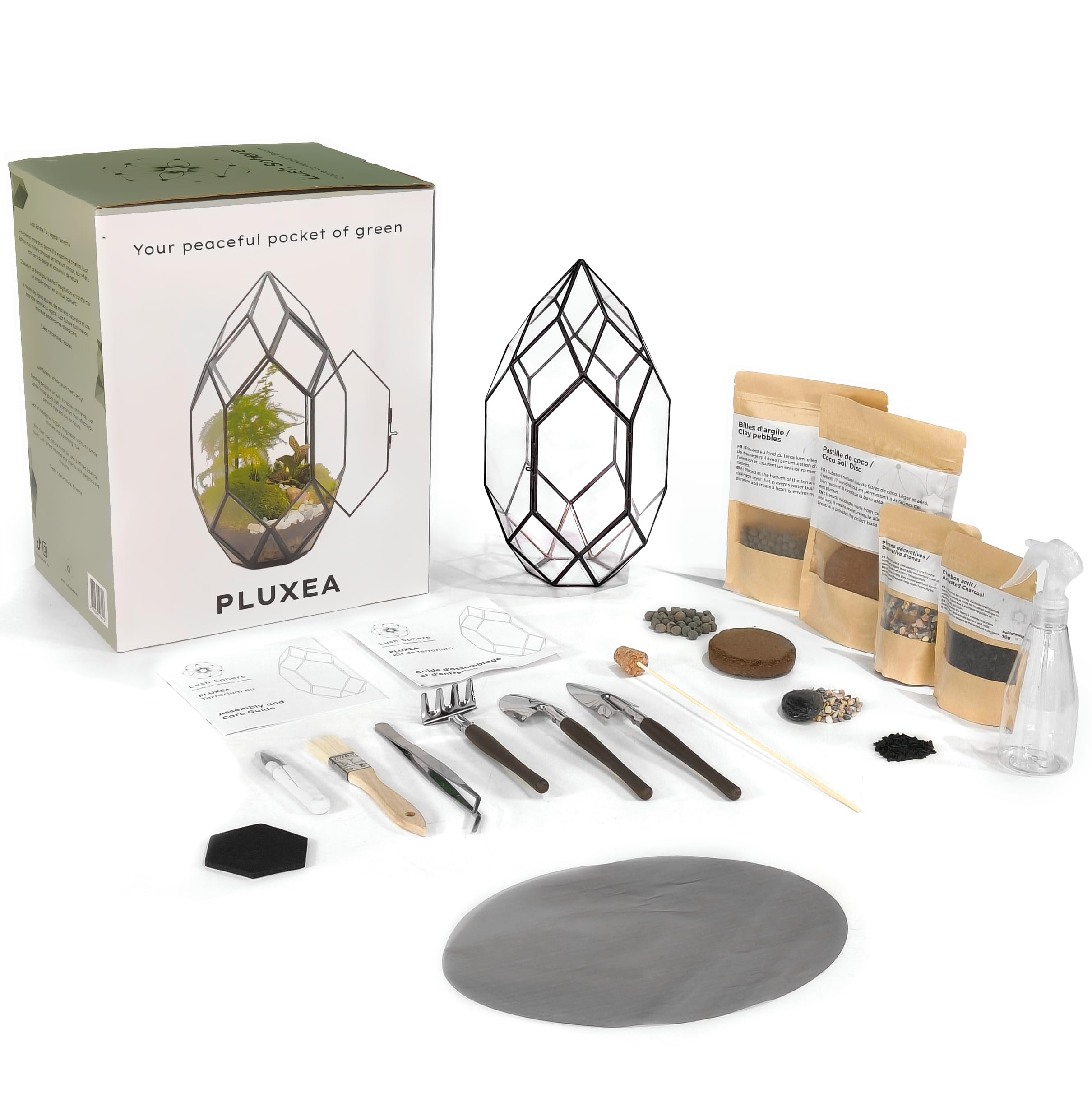 PLUXEA - Kit de Terrarium Complet DIY pour Plantes avec Substrat et 10 Outils Inclus - Structure en Verre Design Géométrique - Écosystème Autonome, Coffret Créatif (sans Plantes)