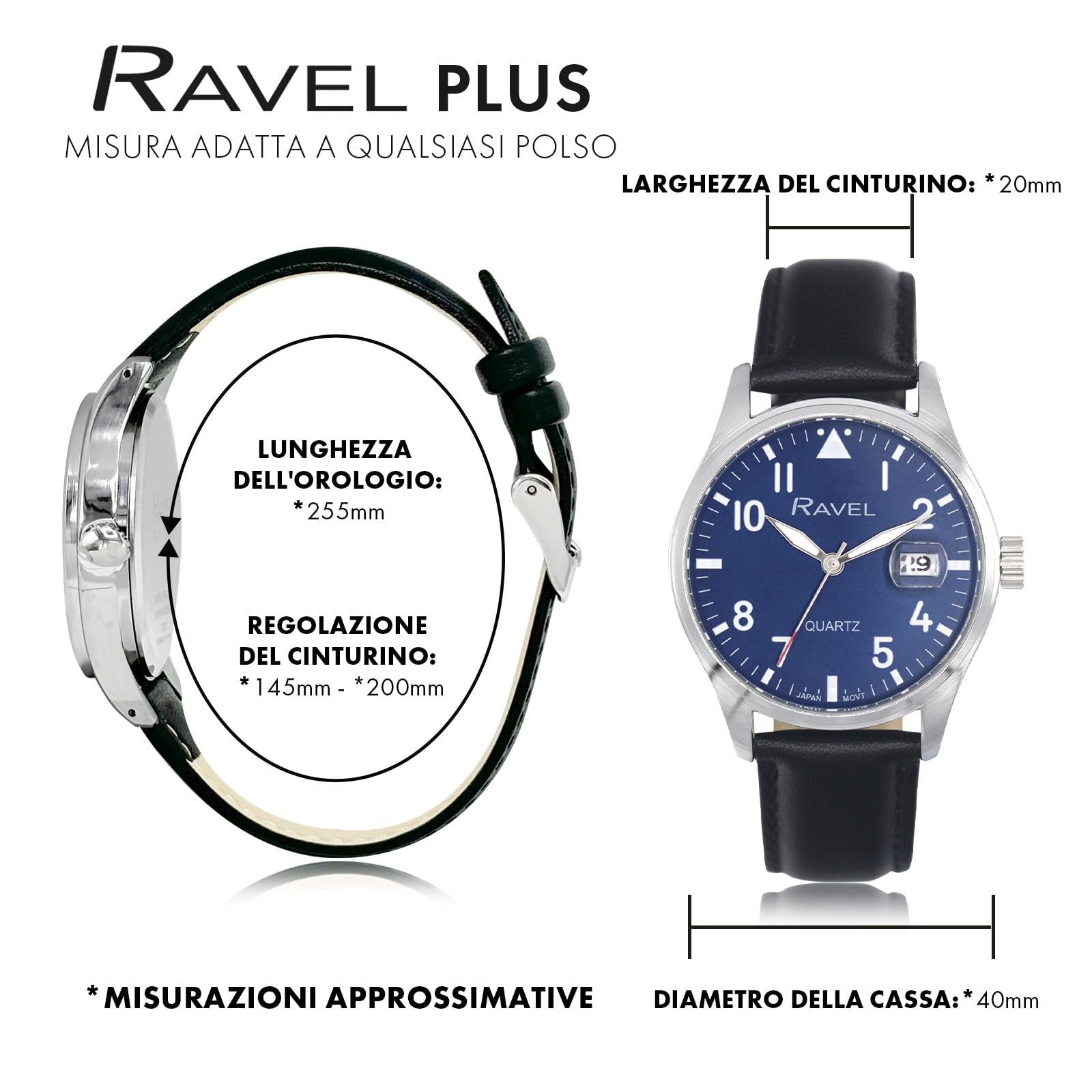 Ravel Plus - Orologio da Uomo Rotondo 40 mm con Calendario e Impermeabilità 3 ATM, Vetro Zaffiro e Quadrante Sunray - Analogico Quarzo - RPD-01-04