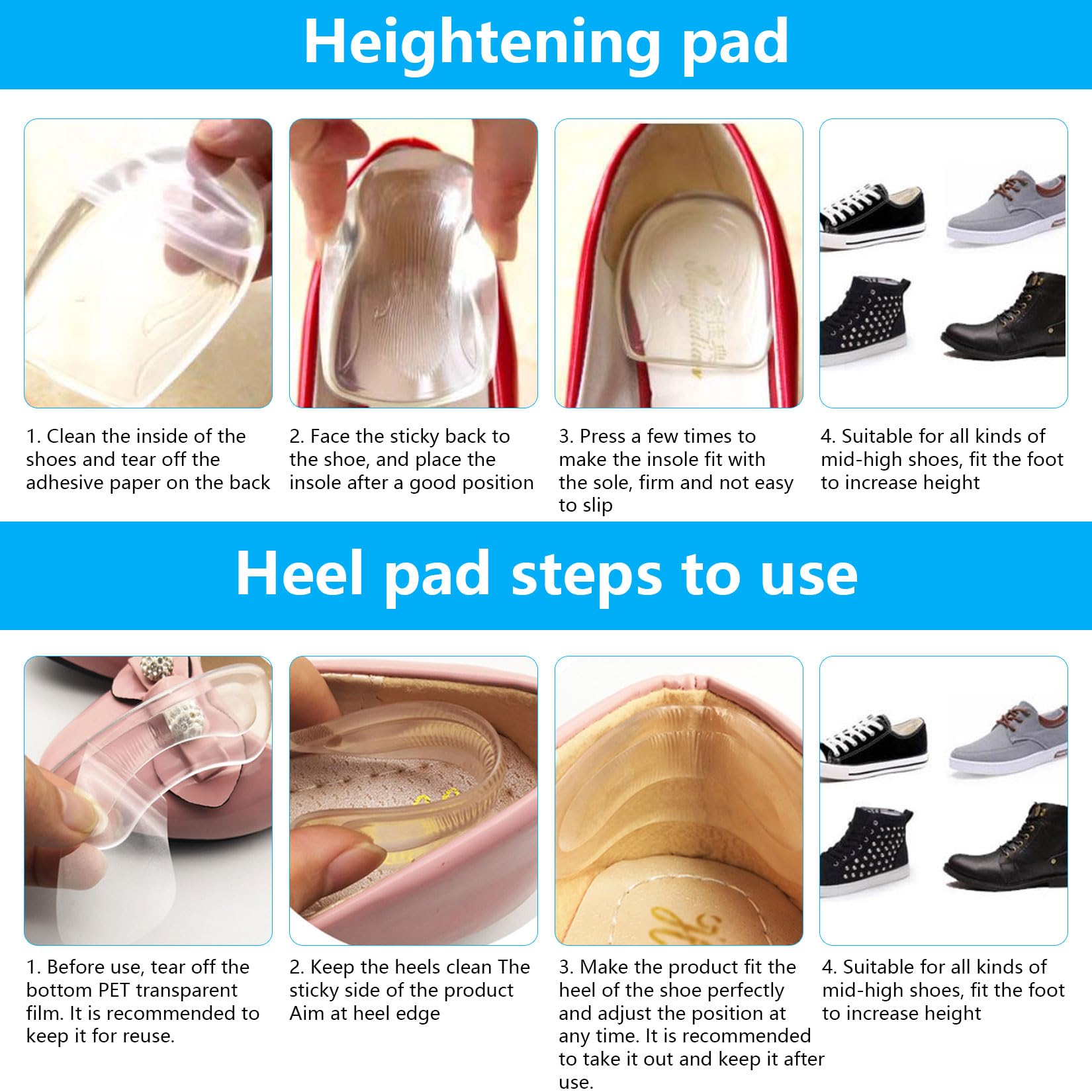 3 Paia Altezza Aumentando Tallone Solette, 1/2/3cm Rialzo Tallone per Scarpe, Solette Rialzate Donna, Talloniera di Silicone di Altezza Solettes + 1 Paio Cuscinetti per Tallones