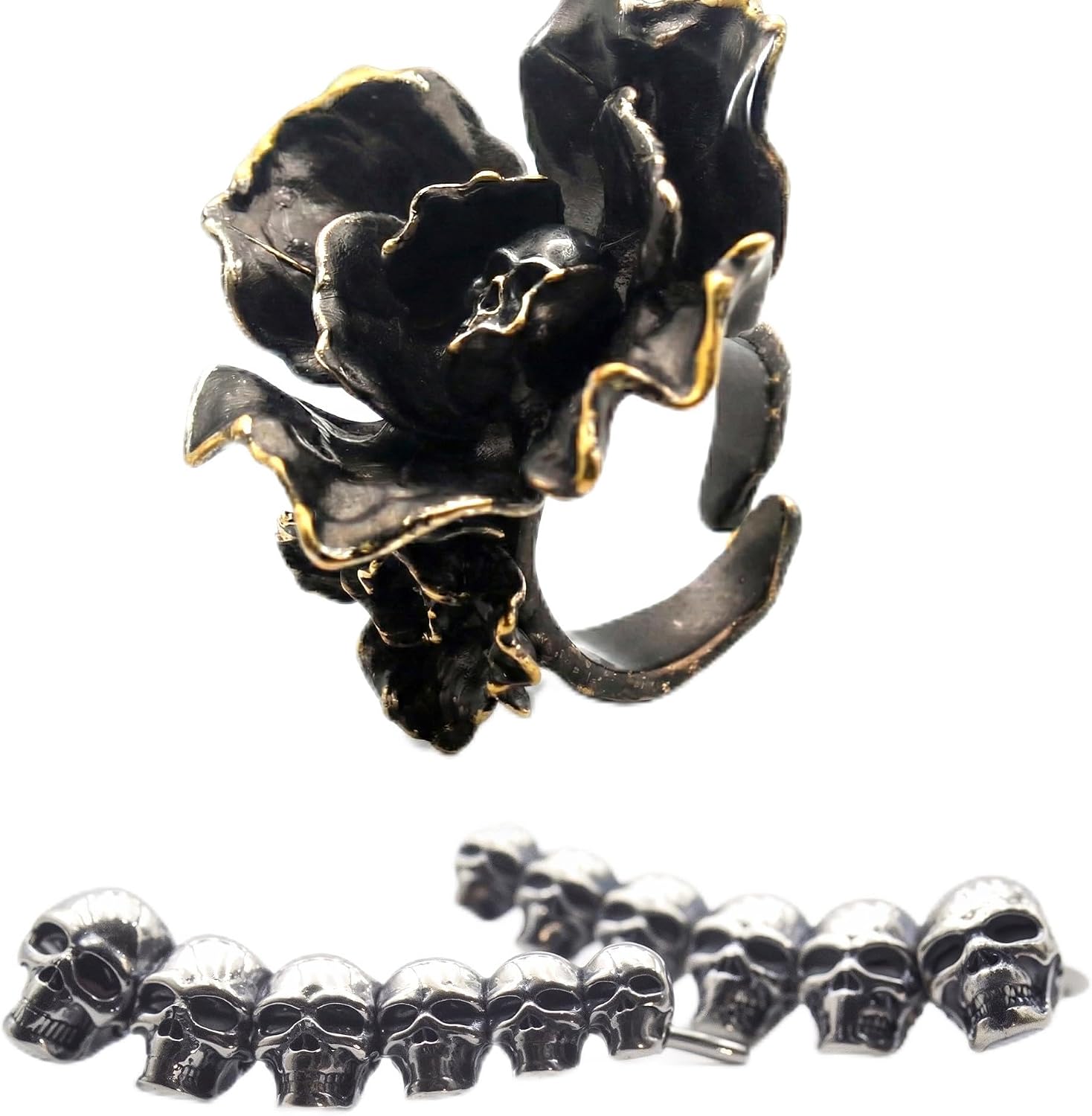 Gothic Black Rose Skull Ring and 6 Skulls Ear Climbers Set - Unisex Edgy Punk Skeleton Jewelry Bundle - 2 Pieces