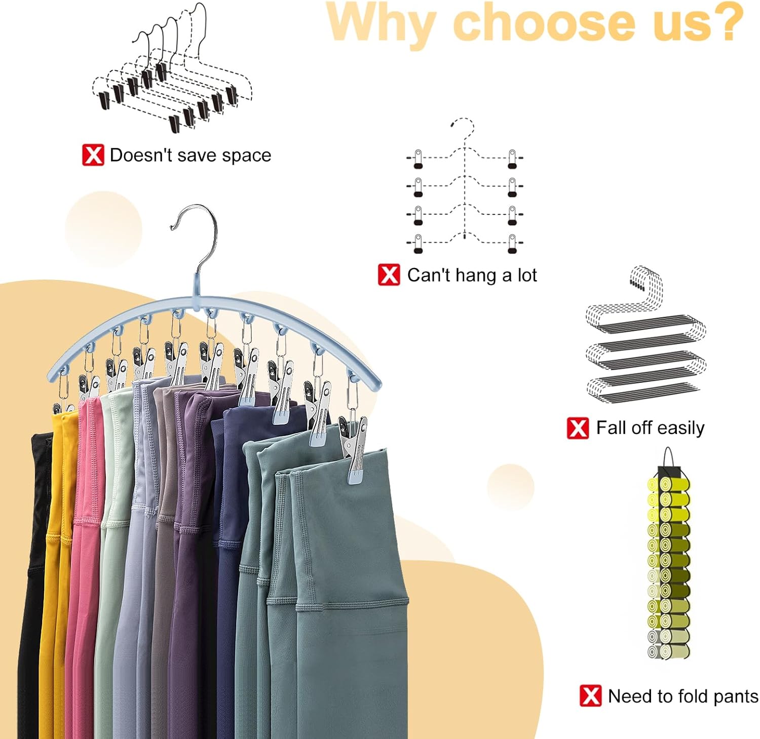 Legging Organizer for Closet, Metal Yoga Pants Hanger w/Rubber Coated 2 Pack w/10 Clips Hold 20 Leggings, Hangers Space Saving Hanging Closet Organizer for Closet Organizers and Storage, Blue - Image 3