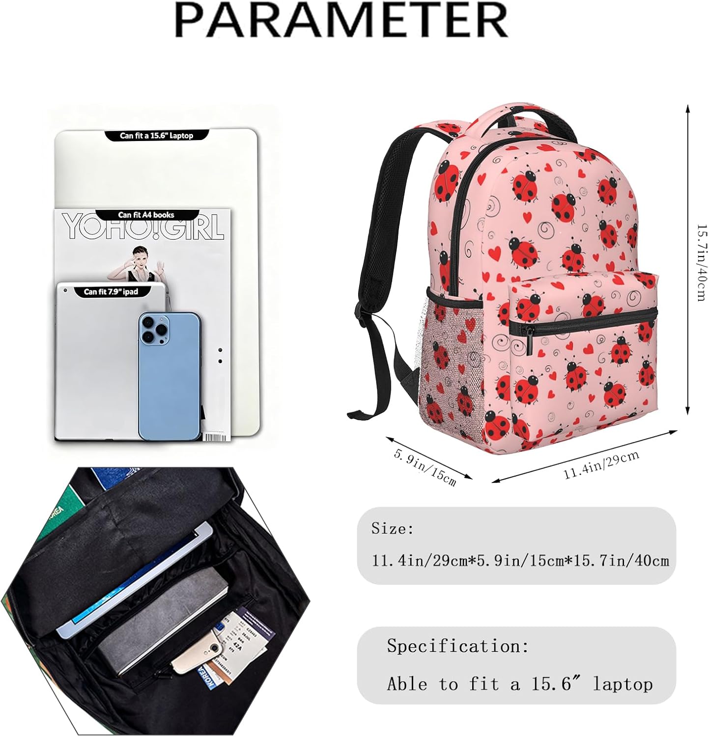 Red Ladybug Casual Backpack, Lightweight Laptop Bag Daypack, Hearts and Swirls Pink Backpacks for Women Men Teens Students, Whimsical Polyester Bookbag Gifts for School Work Travel Hiking