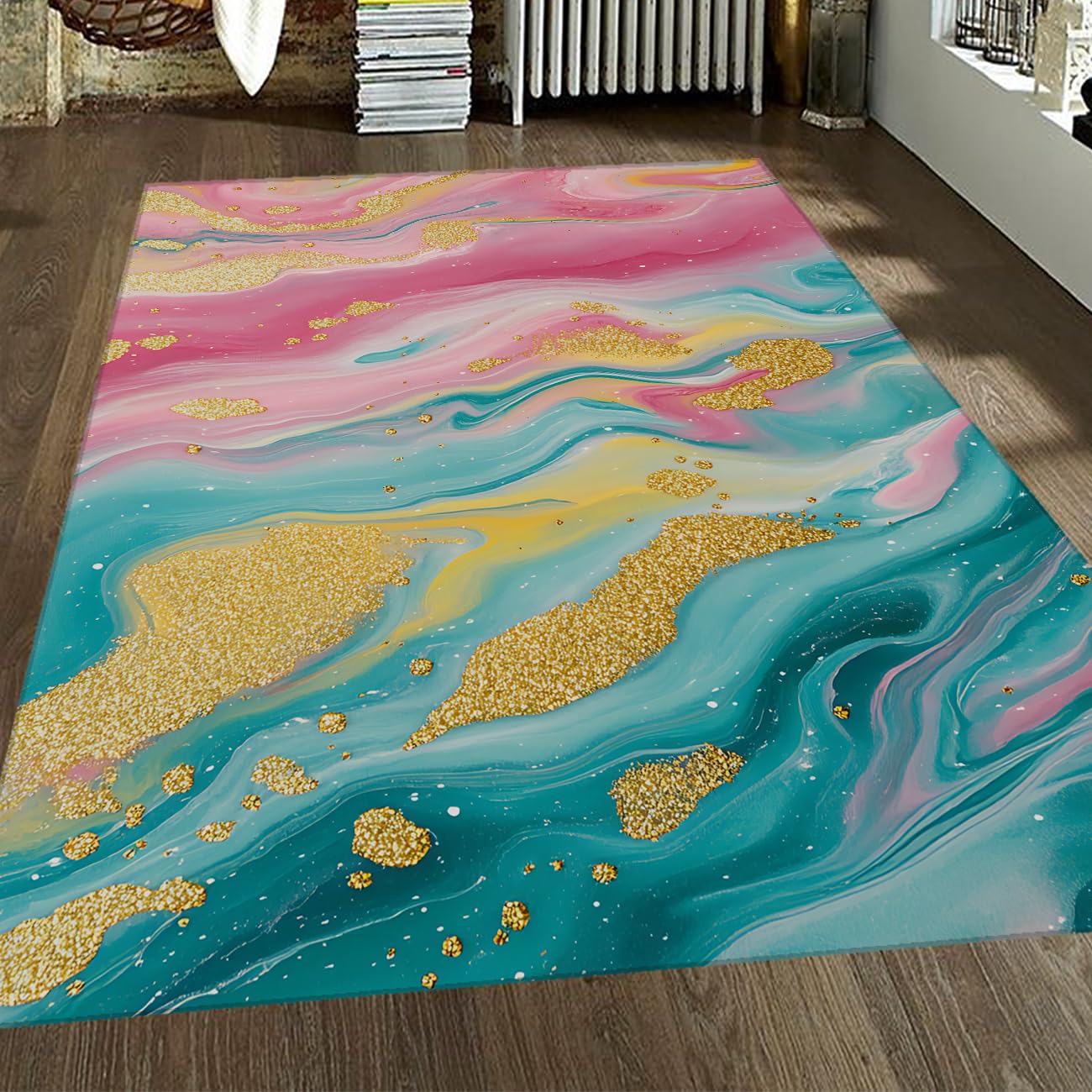 Tapis poil bas doux lavable 120x150 abstrait rose moderne pour bureau