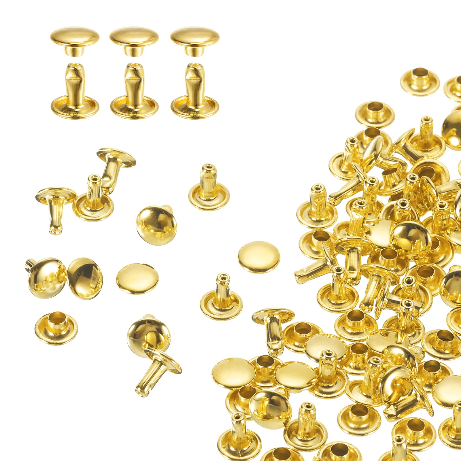 sourcing map 80 Sets Double Cap Rivets 8x8mm Carbon Steel Round Head Snaps Studs Fasteners Tubular Metal Studs for Leather Craft Repairs Decoration, Gold