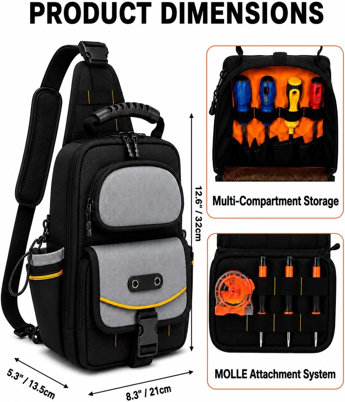 Heavy Duty Small Tool Bag for Electricians and Technicians | Canvas tool carrier with shoulder strap, 4 tool loops, clear zipper pocket, tape holder and ladder hanging buckle