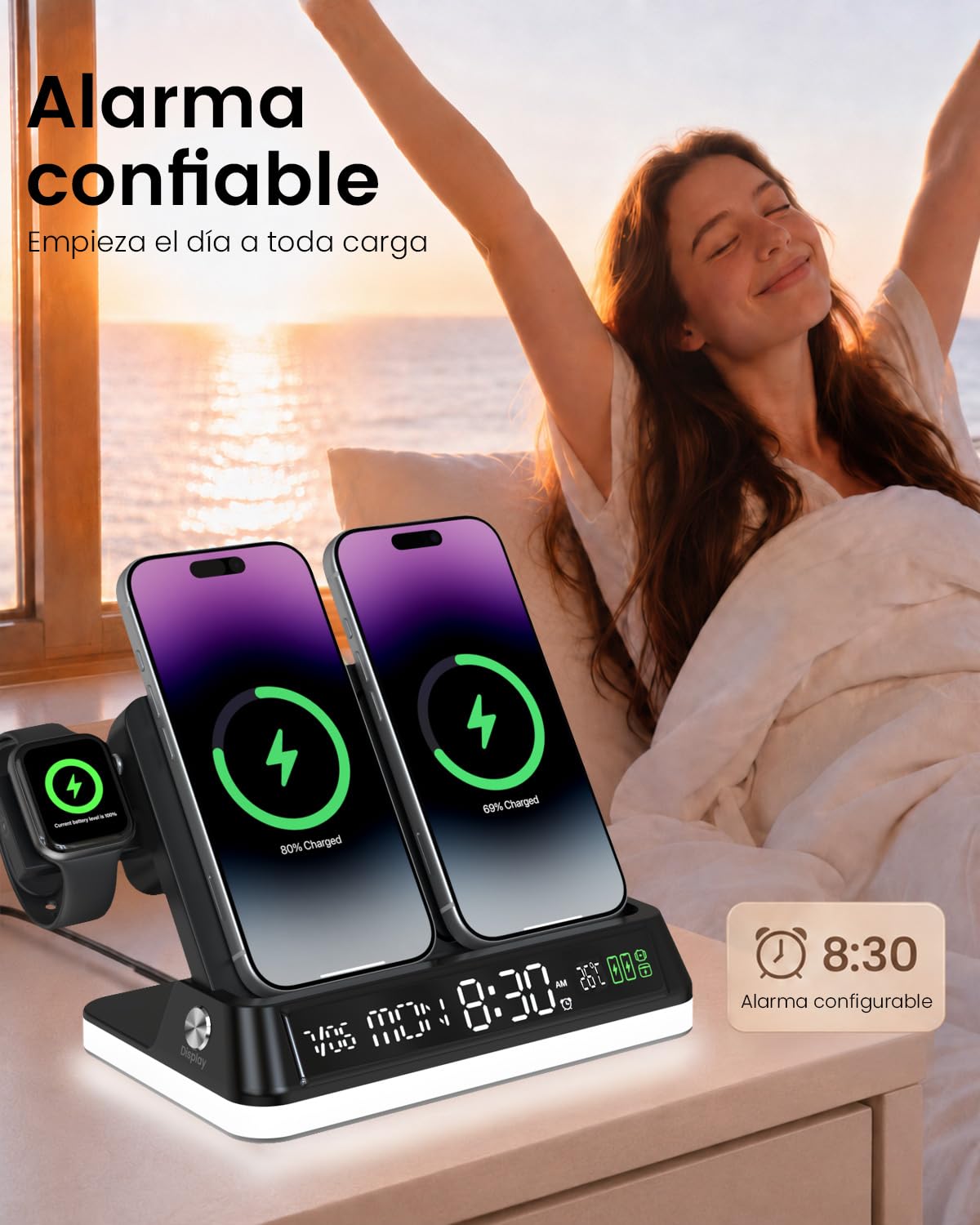 Estación de Carga Inalámbrica 7 en 1 con Reloj Auto-Sync Luz de Noche Atardecer, Cargador Inducción Mesita de Noche para iPhone 18 17 16 15 14 13 Pro MAX para Apple Watch para AirPods 4 3 2 Pro