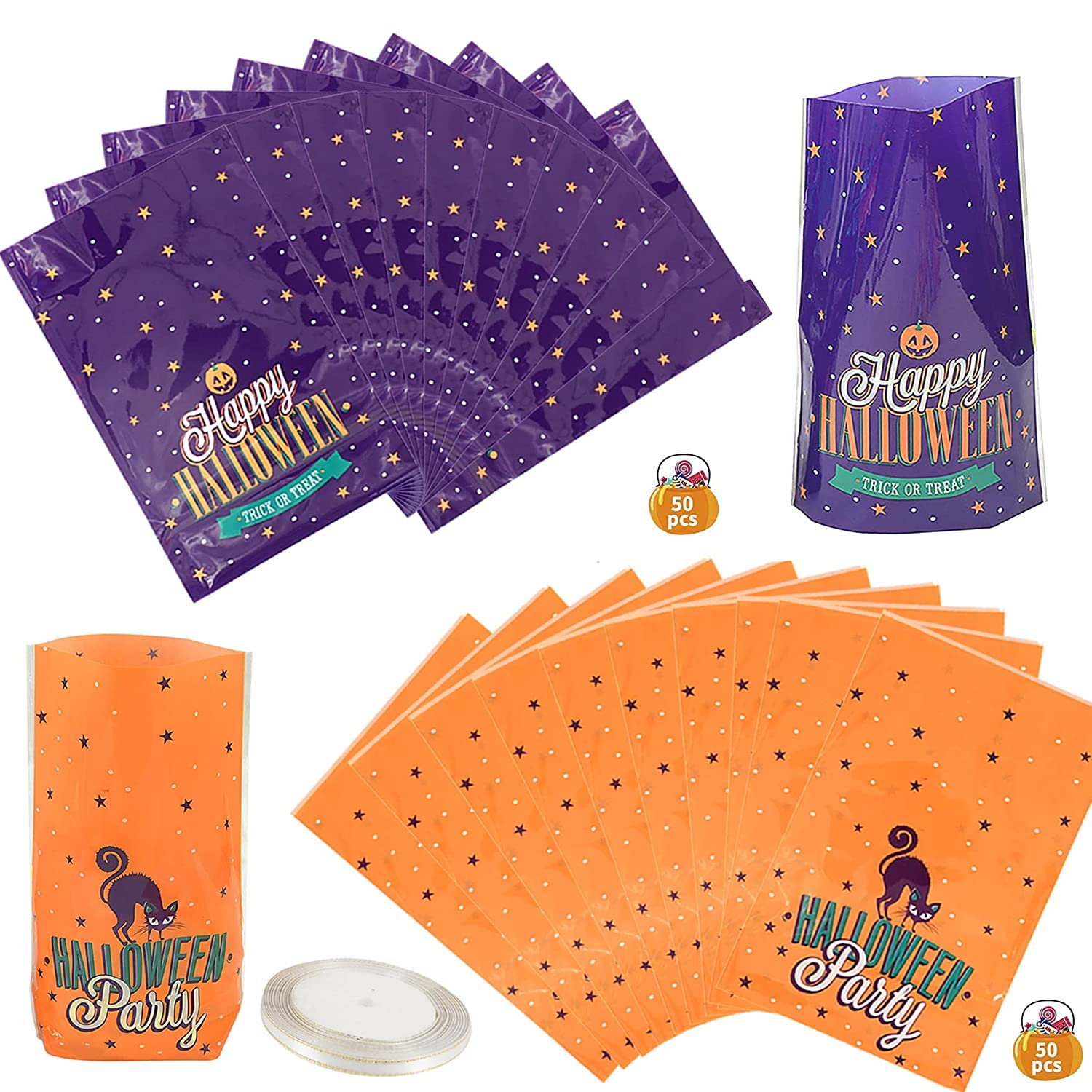 100PCS Halloween Candy Bags Chocolate Cookie Bags with 72Ft Satin Ribbon and Cat Pumpkin Pattern Trick or Treat Bag for Biscuit Goody Snack Party Favors Gift Supplies Decor 7.9 x 5.5 Inch (50+50Pcs)