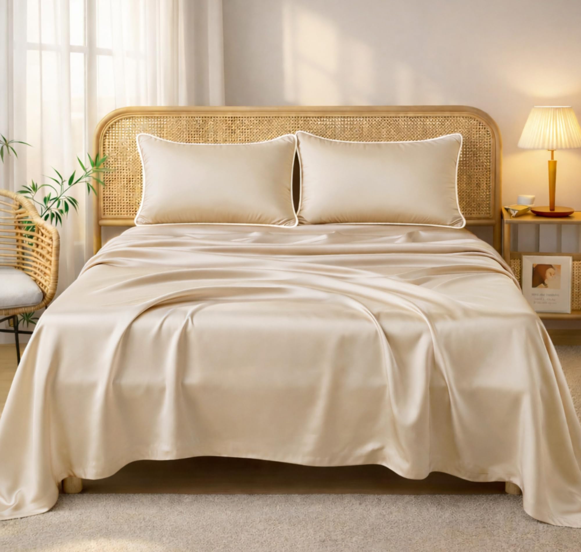 VAS COLLECTIONS Satin Bedsheet King Size (108 x 108 Inches) | 300 TC Ultra Soft Silky Smooth Satin Bed Sheet with 2 Pillow Covers | Luxury Satin Bedsheets for Double Bed (Soft Amber)-image-36