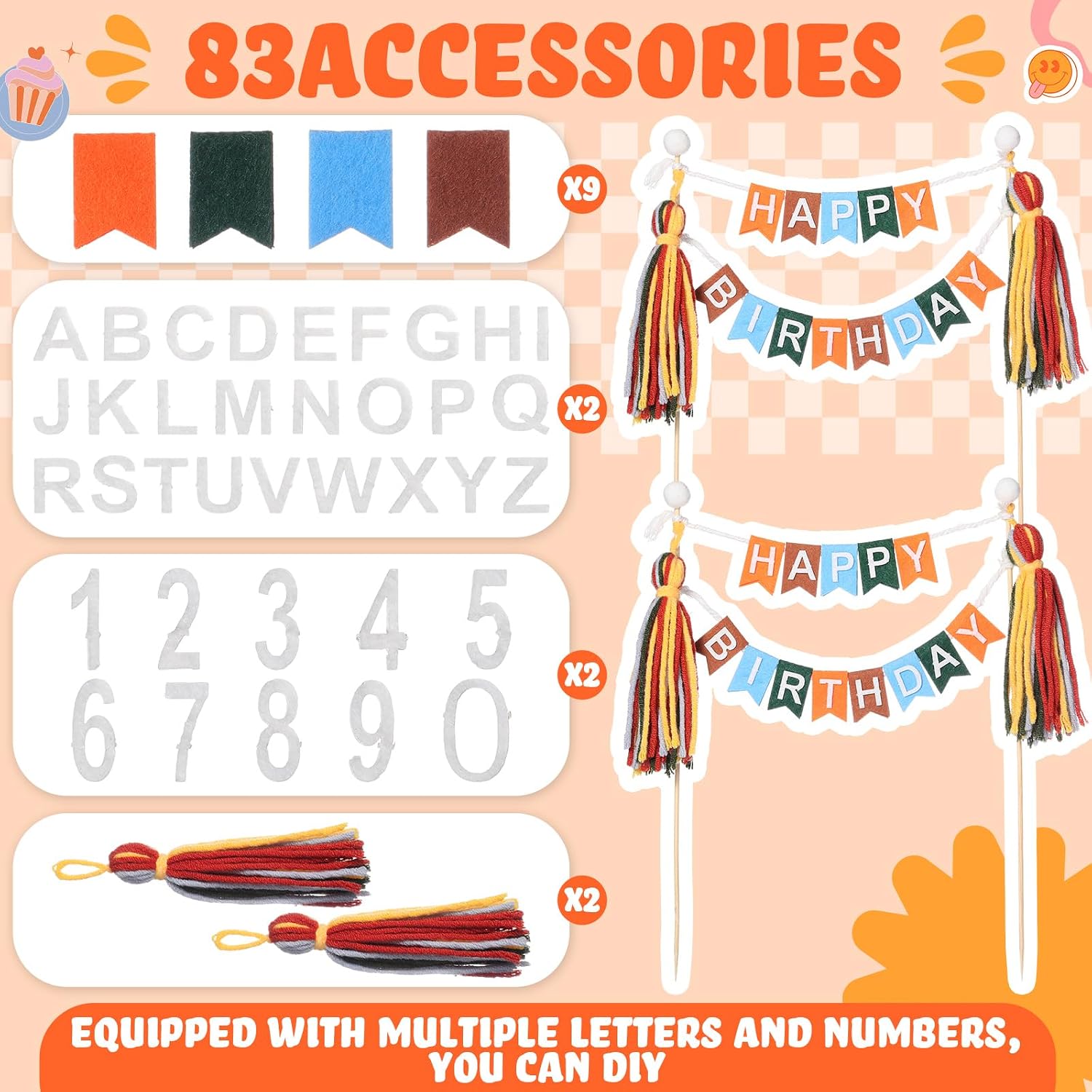 Breling 90 Pcs Custom Cake Banner Topper Set,Bohemian Color image 3