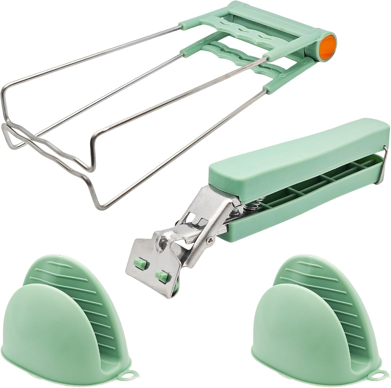 3-Piece Hot Plate Gripper Set, Stainless Steel Bowl Clip, Anti-Scald Dish Retriever Tongs, Heat Resistant Glove, for Bowls, Plates, Pans, Air Fryer, Microwave Kitchen Tool (Green)