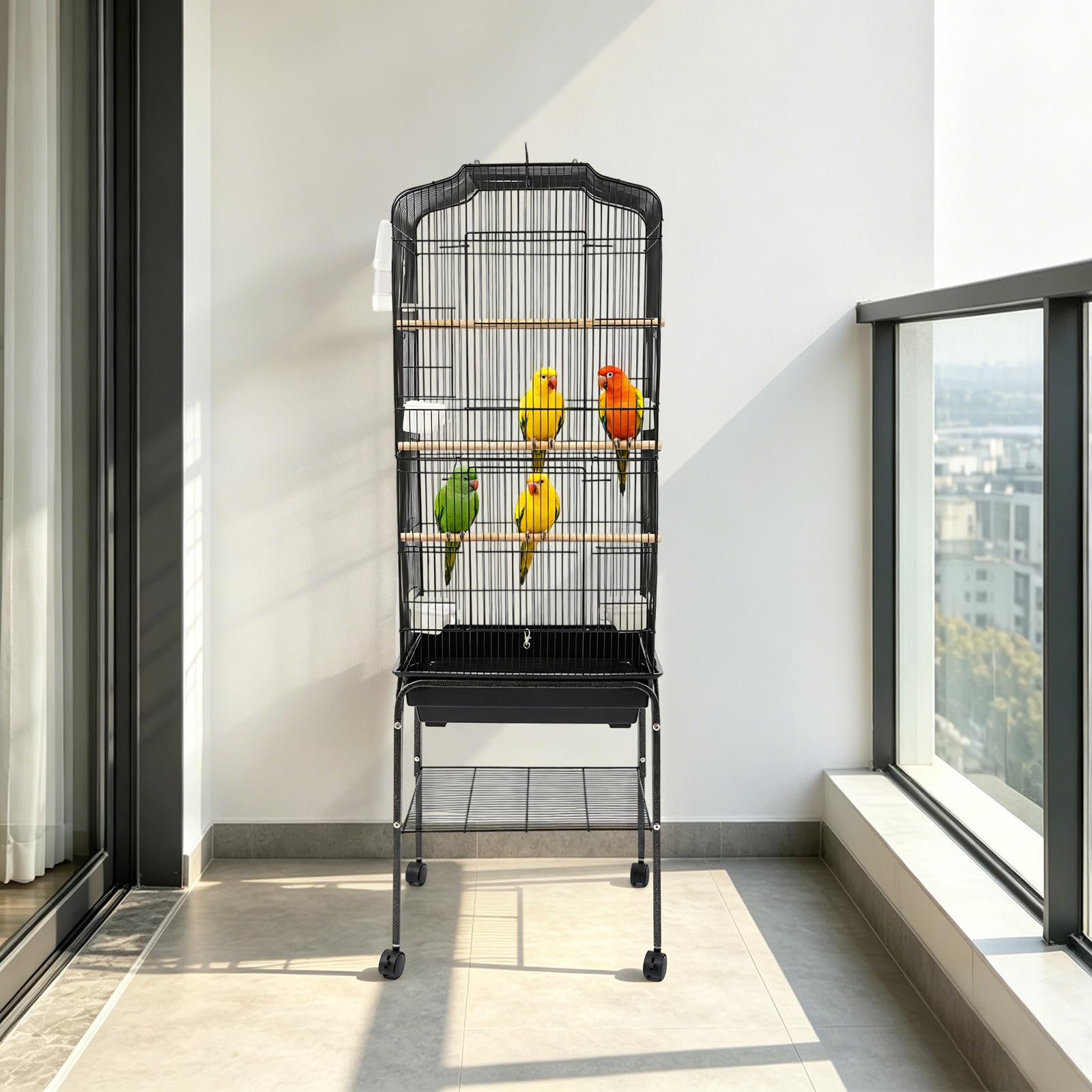 Grande gabbia per uccelli, 47 x 37 x 137,5 cm, con supporto e 4 ruote (2 con freno), gabbia per pappagalli con 4 ciotole, per pappagalli, pappagalli, canarini, fringuelli
