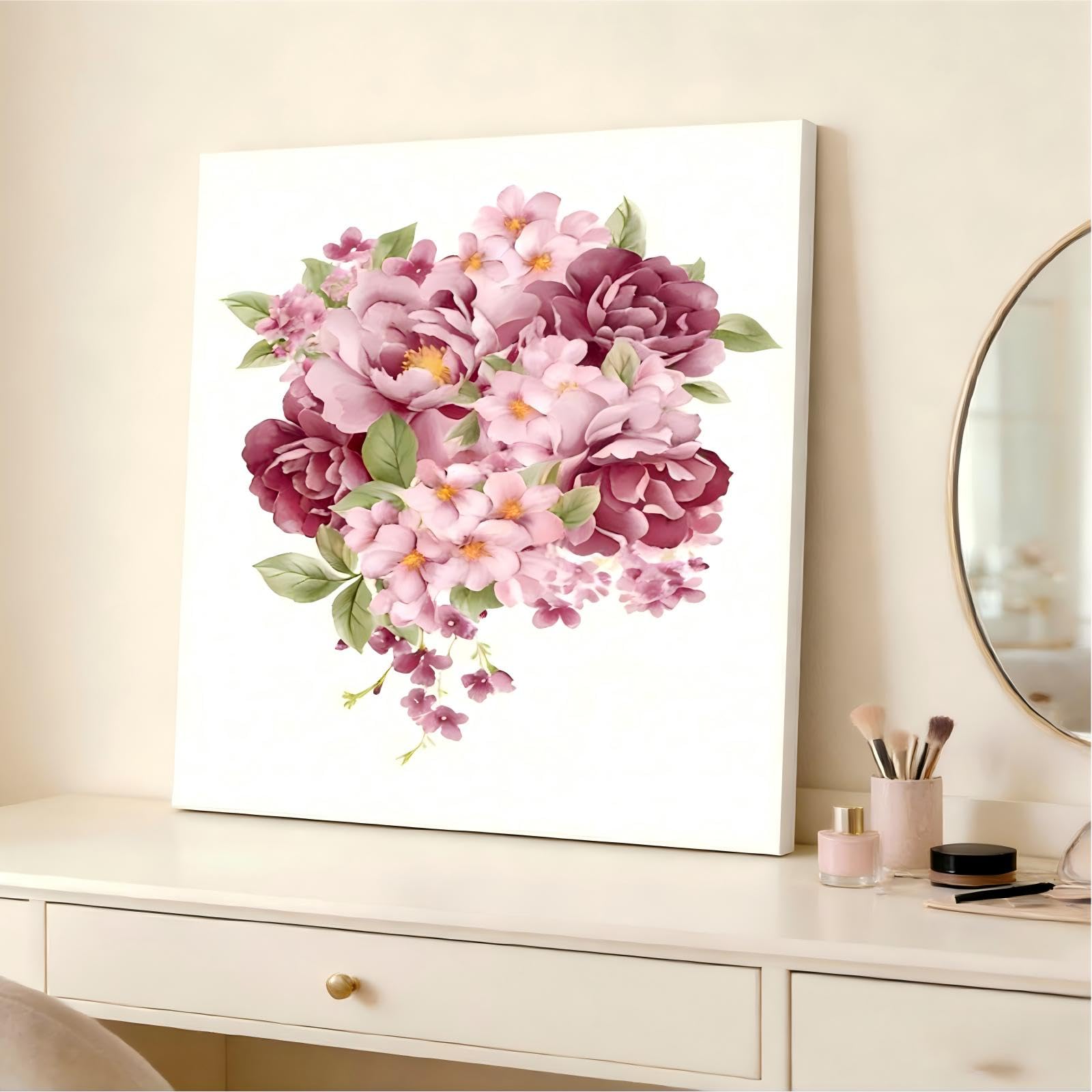 RGsixiot Canvas Wall Art Watercolor Square Peony Bouquet Pink and Deep Red