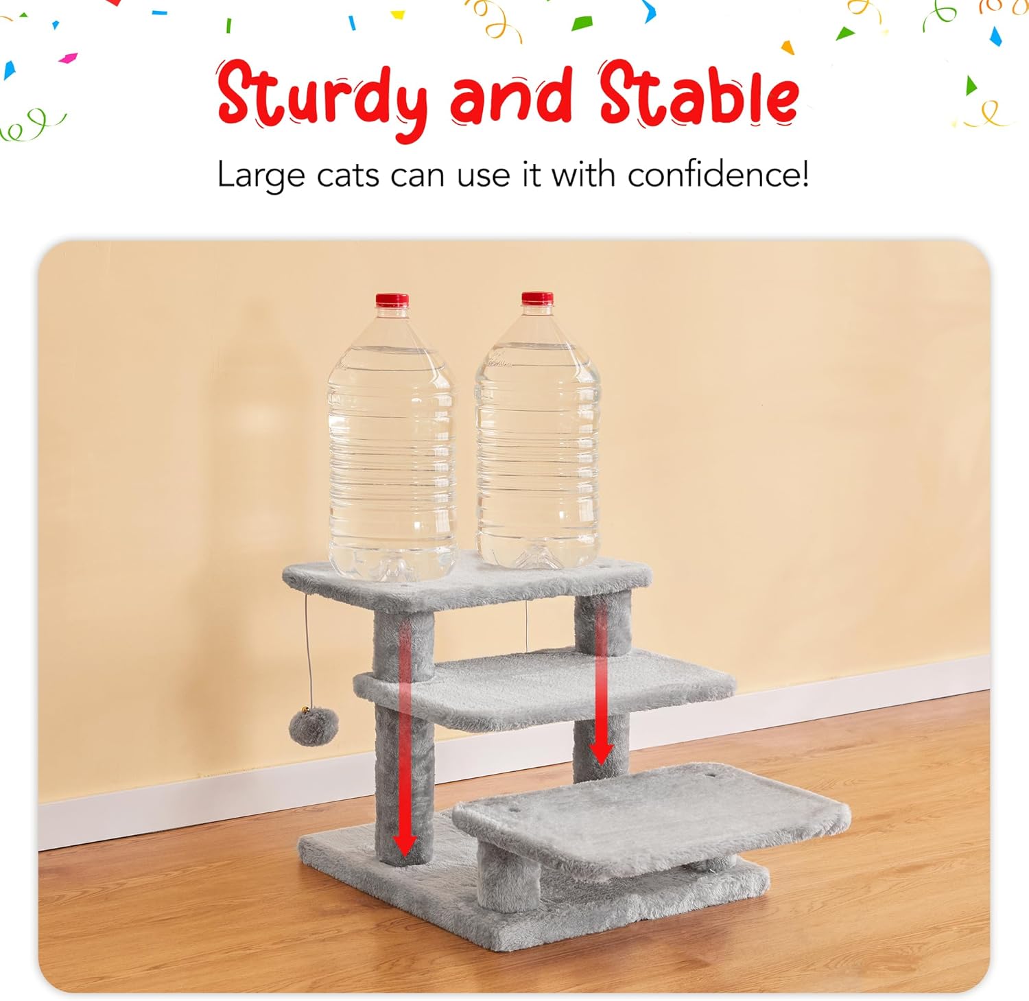 15''H Multi-Step Pet Stairs for High Beds & Sofas, 3-Step Cat Stairs with 2 Toy Balls, Wide Boards for Indoor Kittens Dogs Pets Climbing, Light Grey