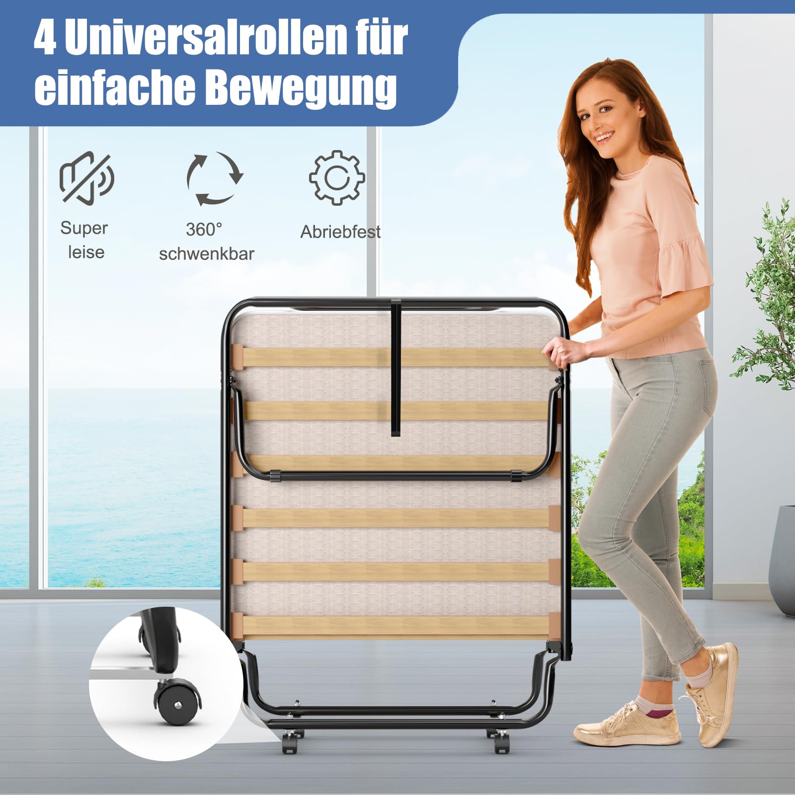 GOPLUS Gästebett 80x190 cm, Klappbett mit Matratze, Stahlrahmen, Einzelbett Erwachsene für Schlafzimmer& Büro (Beige)